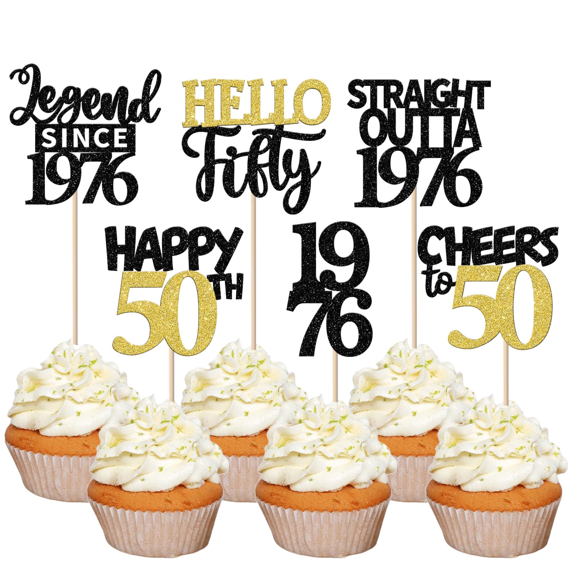Xsstarmi 24 Pcs 50th Birthday Cupcake toppers Black Gold Glitter Hello fifty Legend Since 1976 Cake Picks for Cheers to 50 years old Birthday Party Decorations Supplies