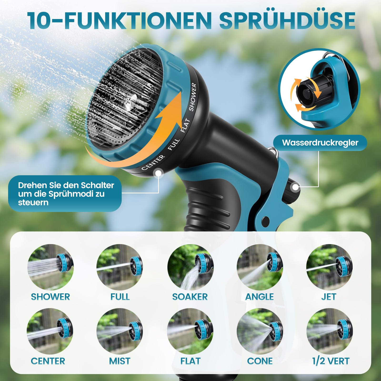 Tubo da giardino flessibile da 30 m, con ugello a 10 funzioni, tessuto 3300D, doppio connettore in metallo da 3/4" e 1/2", resistente alle pieghe, leggero, per giardino, lavaggio auto e cura degli
