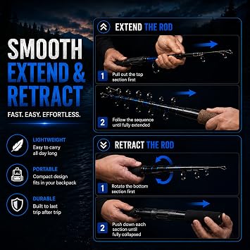 Telescopic Fishing Rod, Ultralight Carbon Fiber Travel Spinning Rod, Portable Collapsible Fishing Pole for Crappie, Bluegill, Perch, Trout, Bass and Walleye
