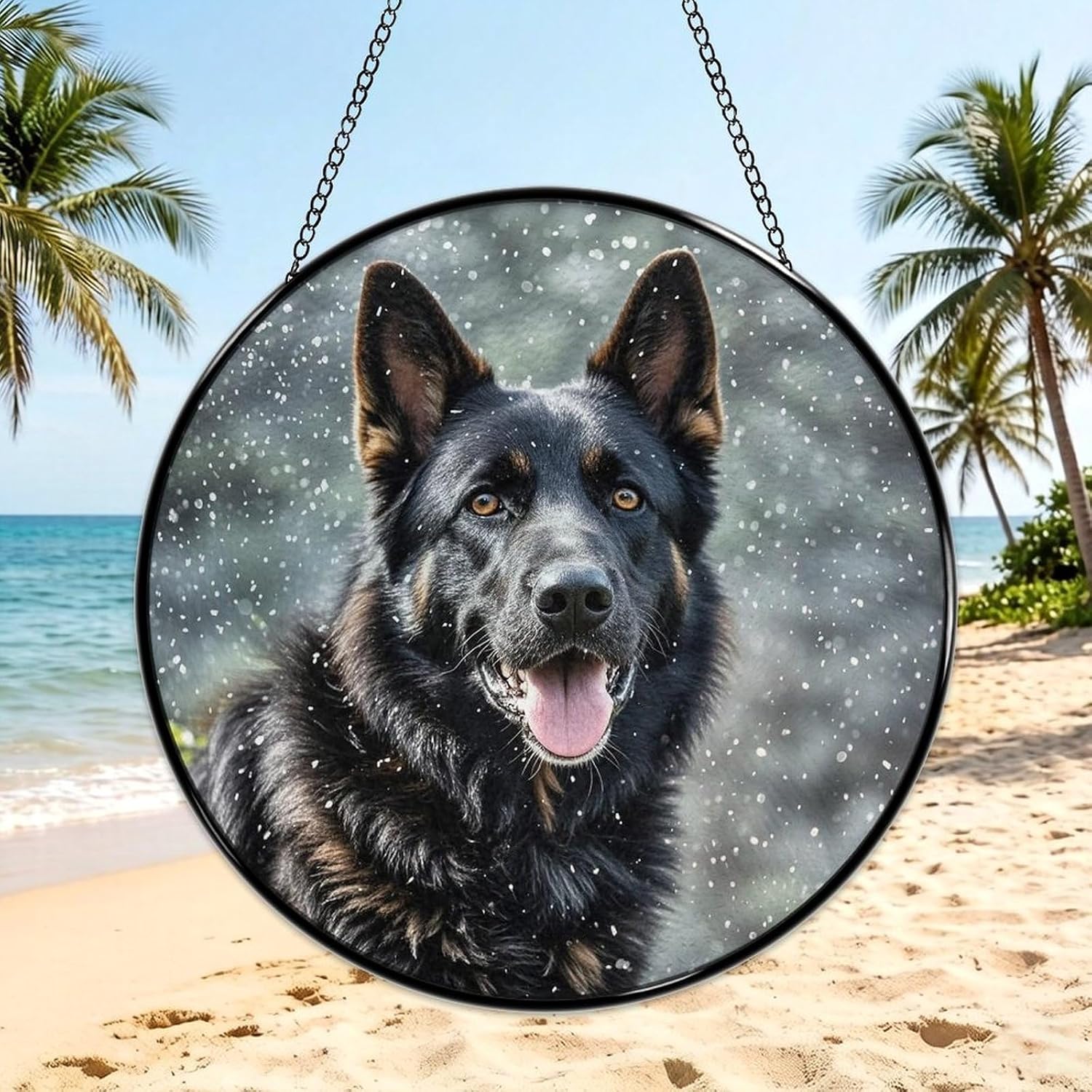 Stained Glass Hanging Sign Suncatcher, Black Shepherd Dog
