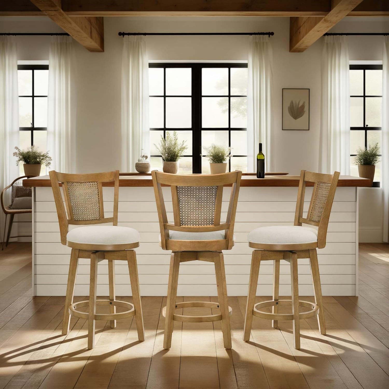 Armen Living Isla 30 in. Amber Glow Bar Height Rubberwood Swivel Barstool with Ivory Fabric Seat