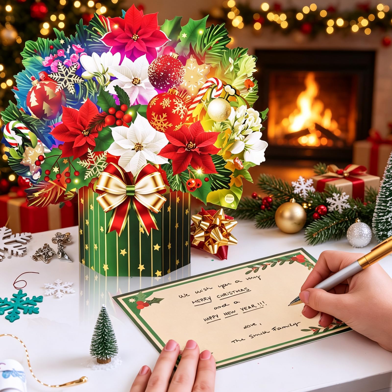 Yinqing Tarjetas de Navidad, 33 cm, tamaño real, ramo de flores 3D, tarjeta de felicitación desplegable para mujer