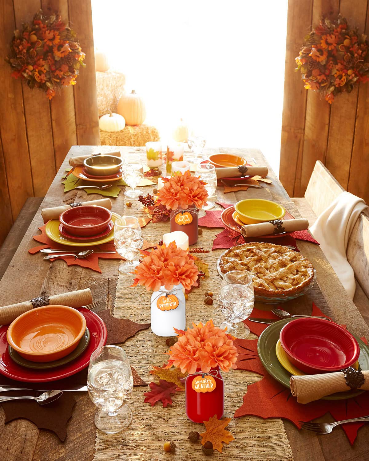 Fall Decor Fall Tiered Tray Decor Fall Mason Jar Table Centerpiece with Faux Maple Leaves Jute Bowknot Floral Arrangement Autumn Farmhouse Decor for Kitchen Home Display Set of 3 Orange White Red