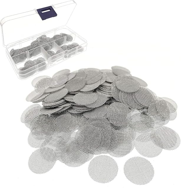 JZK 200 x Einlegesiebe aus Stahl 15mm, Silber fein Mesh Rauchen Pfeife Sieb Filter mit Kunststoff Box zum Rauchen von Bongs und Tabakpfeifen