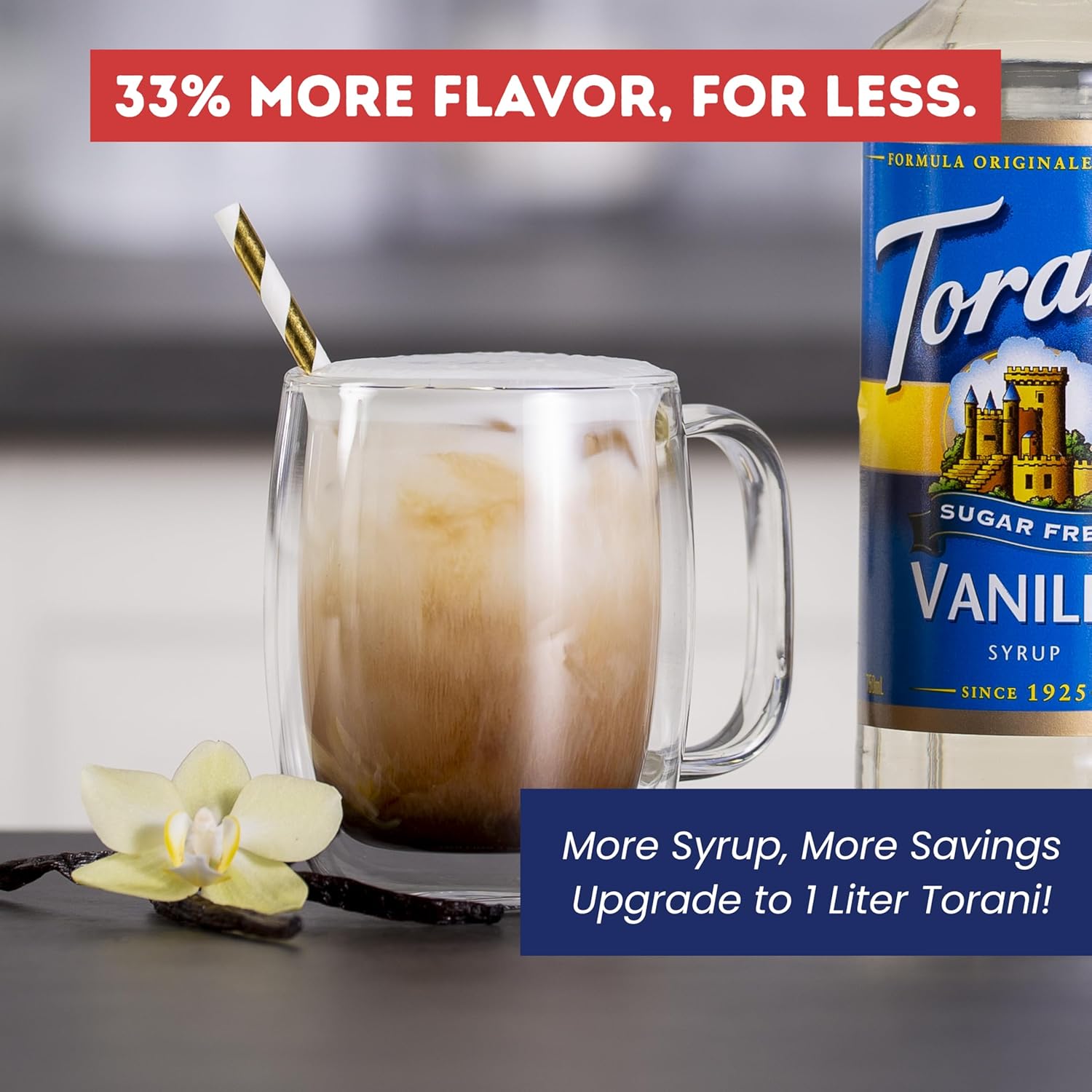 Torani Sugar Free Vanilla Syrup 1 Liter Bottle with Pump Dispenser – Zero Calorie Flavored Coffee Syrup for Lattes, Cold Brews, Teas, Cocktails & Desserts