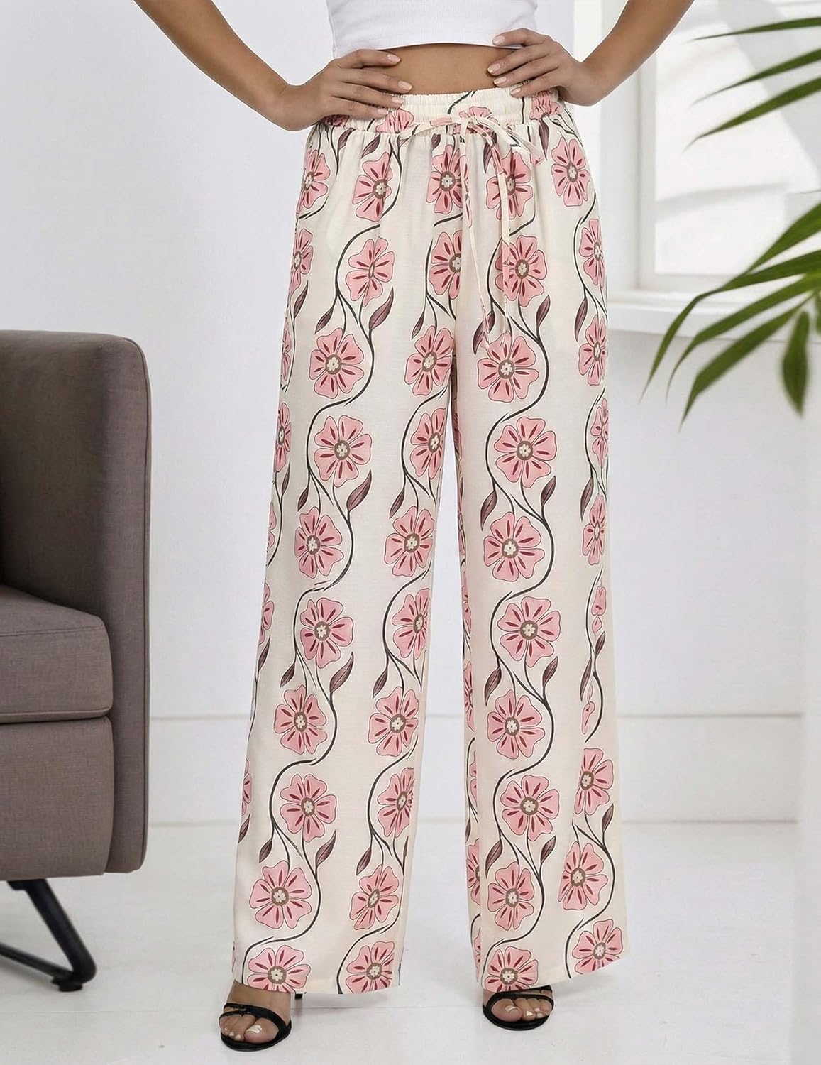 DERAX Women's Floral Wide Leg Palazzo Pant High Waist Elastic Waist Boho 2026 Spring Summmer Long Trouser - Image 6