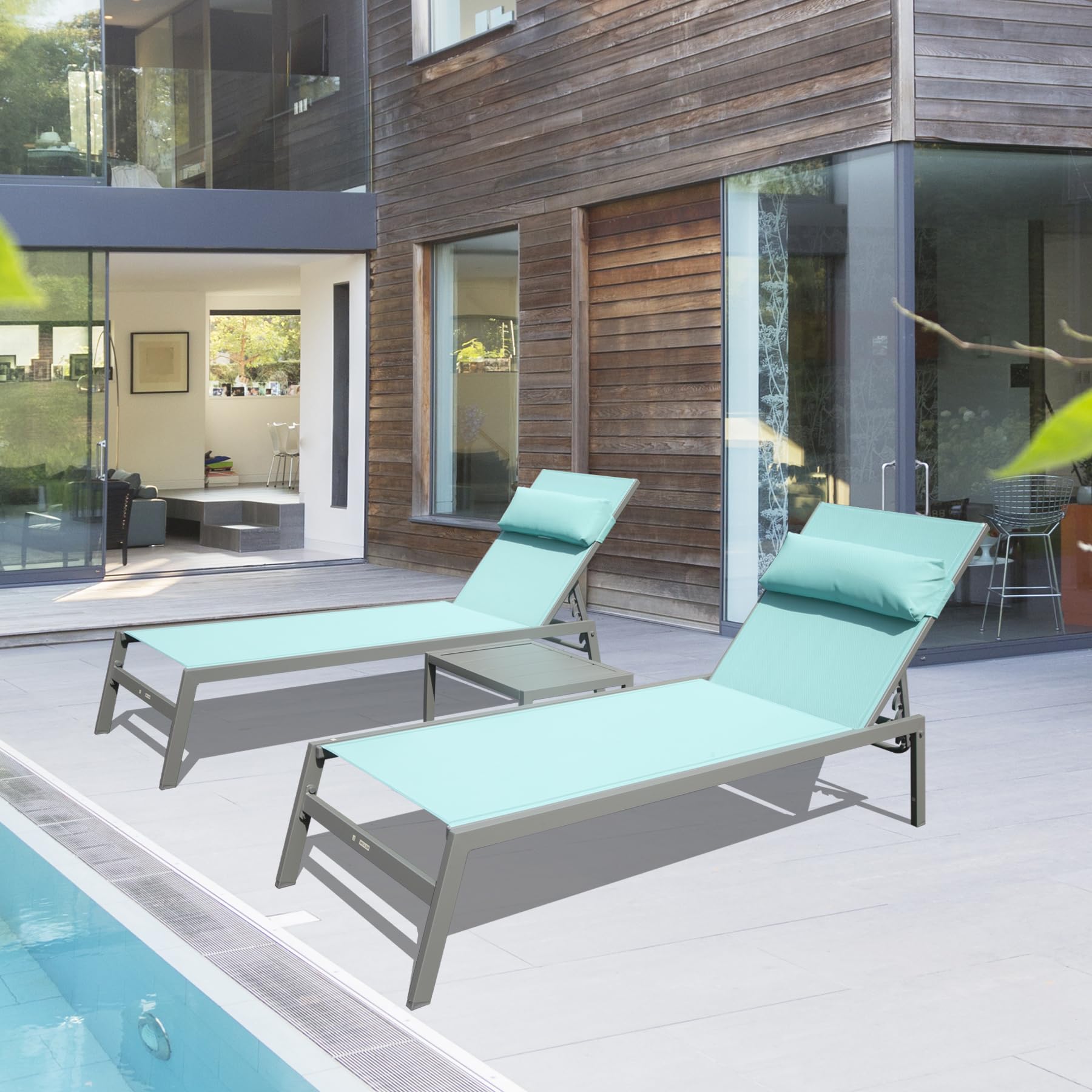 Domi Outdoor Lounge Chairs Set of 3, Upgraded Aluminum Chaise Lounge Chair W/ 5 Adjustable Positions, Patio Lounge Chair for Pool, Deck, Lawn, 2 Pool