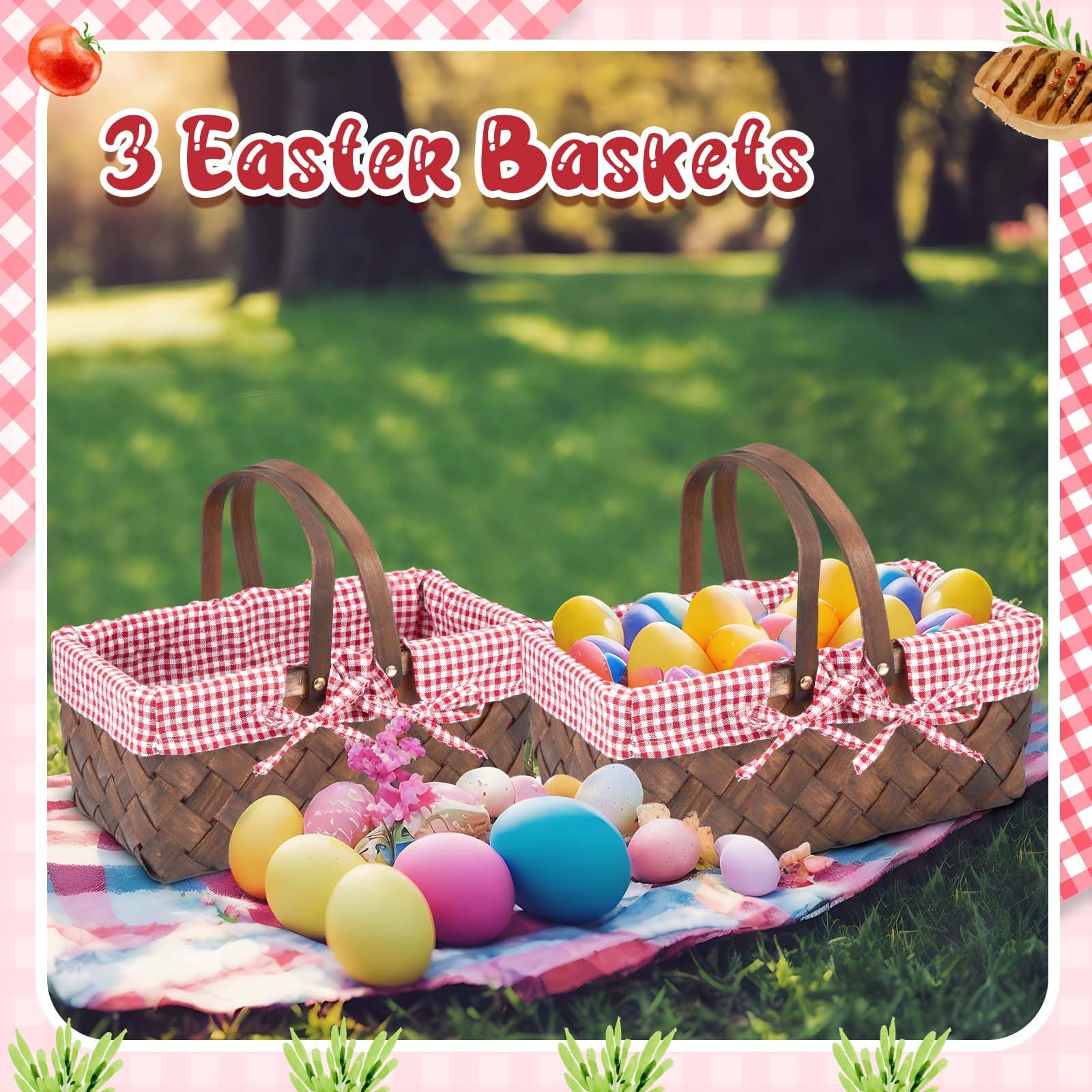 Sintuff Picknickkörbe mit Griff, handgewebter Erntekorb mit Gingham-Decke, Futter, Ostereier und Süßigkeitenkorb für Geschenke, Blumen, Eier, Süßigkeiten, Aufbewahrung, Organisation (Kaffeefarbe), 3