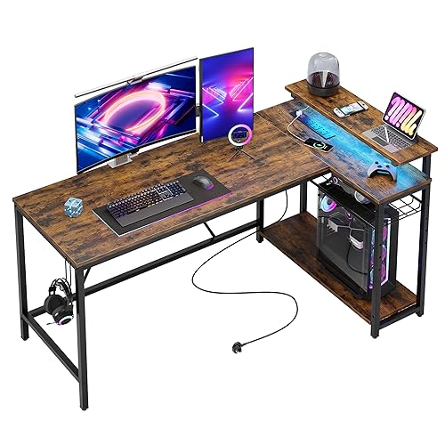 Bestier 147CM L-Shaped Desk with Power Outlets & LED Lights, Reversible Corner Computer Desk with Shelves & Hooks for Home Office or Bedroom Study - 147.5CM - Rustic Brown