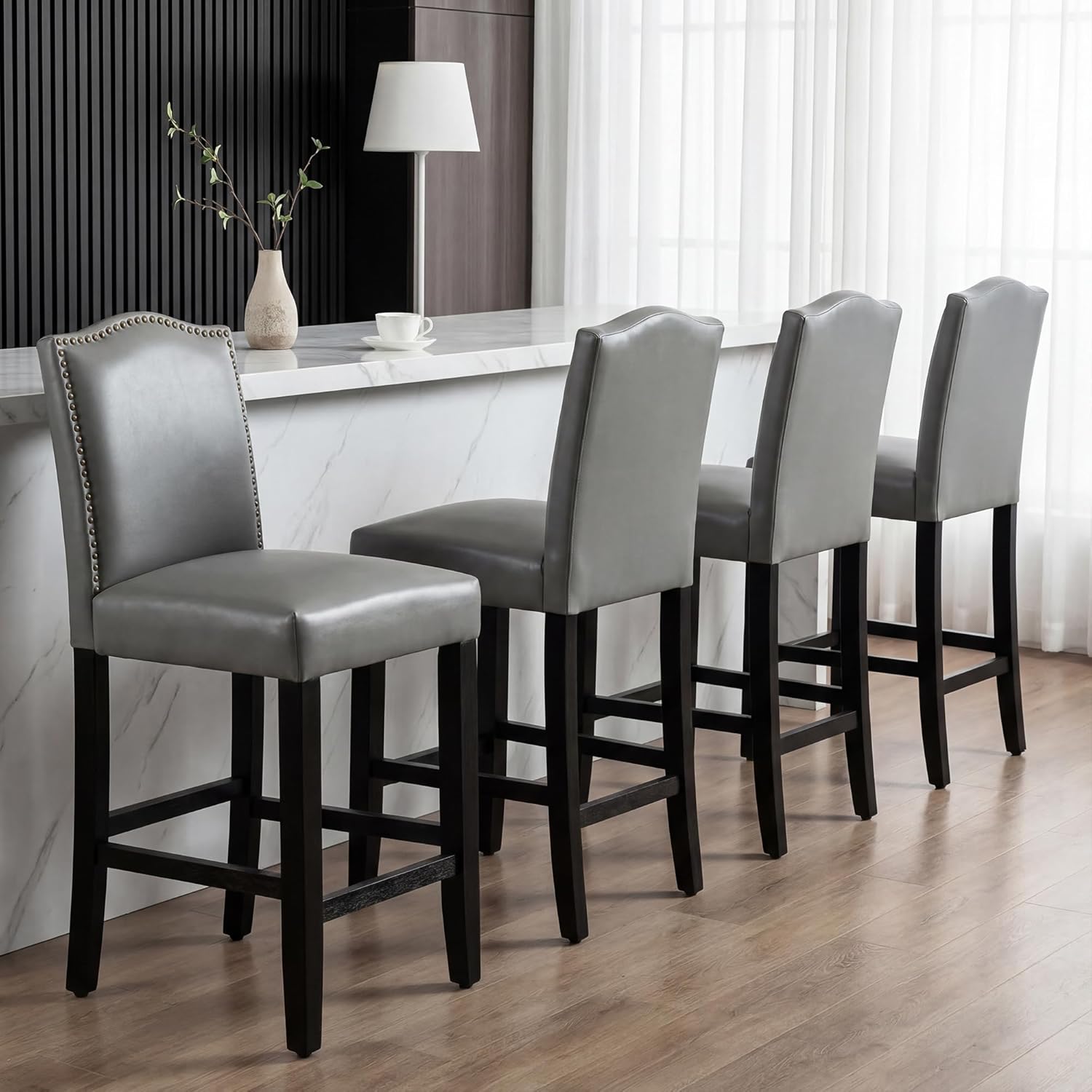 LSSBOUGHT Bar Stools,Upholstered PU Leather Counter Height Bar Stools,24 Inch Modern Counter Stools with Nailheads and Solid Wood Legs for Home Kitchen and Restaurant,4PCS,Grey