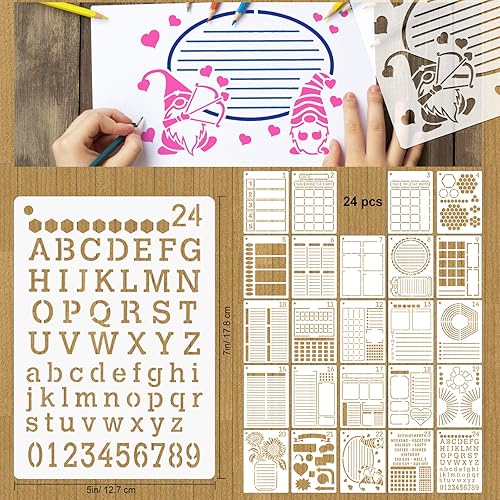 Miniatura 3 de MWOOT Juego de 24 plantillas de dibujo surtidas, plantillas de pintura a escala de formas mixtas para álbumes de bricolaje, horario, decoración de