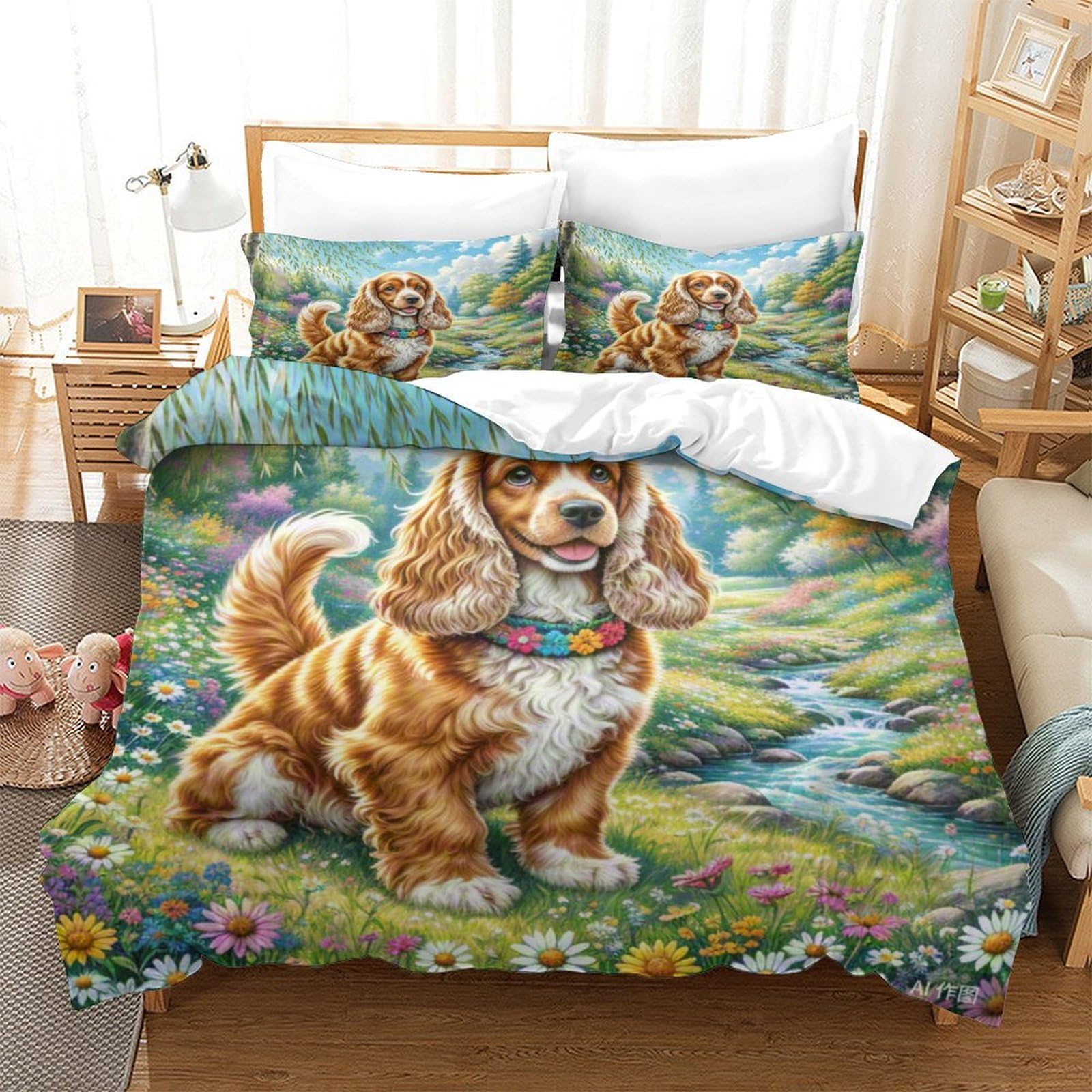 Parure de lit Cocker Spaniel 3D housse de couette avec fermeture éclair cachée en microfibre