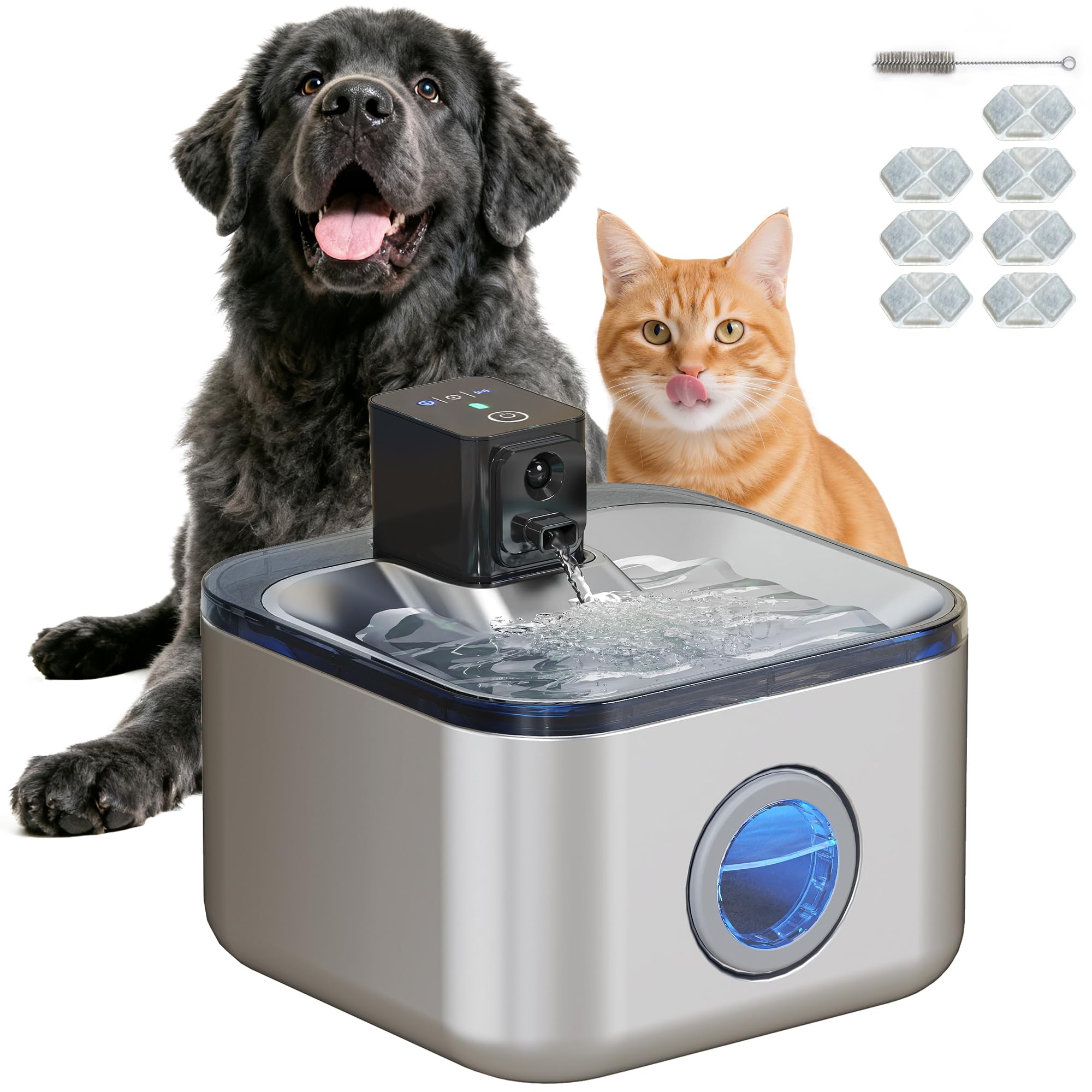 PawHut Fontana di acqua per gatti automatica senza fili in acciaio inox 4.2L con indicatore LED, pompa ultra silenziosa, batteria da 4000 mAh, erogatore acqua gatto con caricatore USB, argento