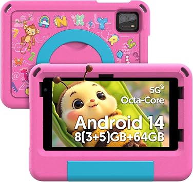 7 inch Android 14 Kid Tablets, 8GB RAM 64GB ROM 1TB Expand, Octa-Core Processor, 5G Wi-Fi 6, 2MP+8MP Dual Camera,3500mAh Battery, Bluetooth, Parental Control