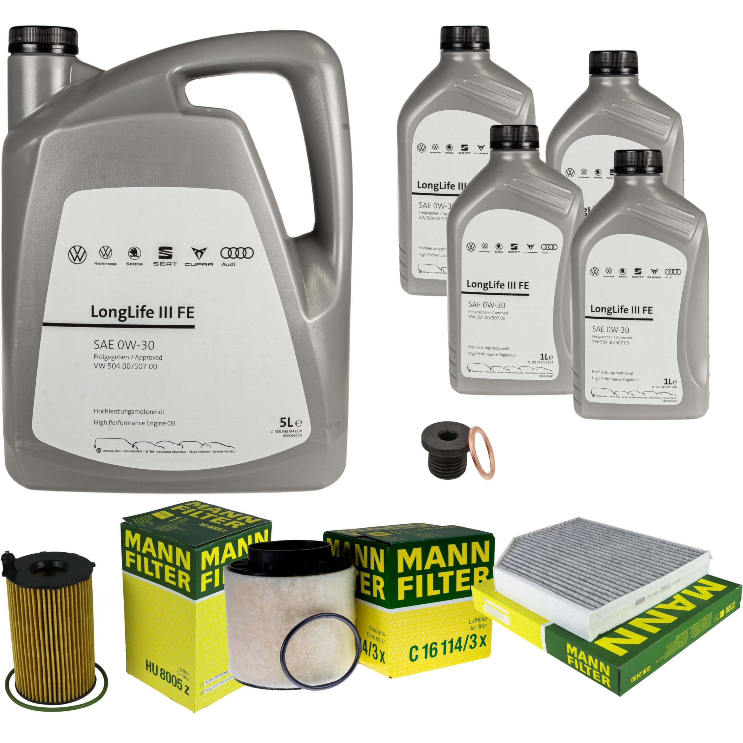 Pacchetto di ispezione pacchetto di manutenzione filtro con 9 L 0W-30 olio motore LongLife 3 FE, filtro dell'olio, filtro dell'aria abitacolo (carbone attivo) vite di scarico dell'olio