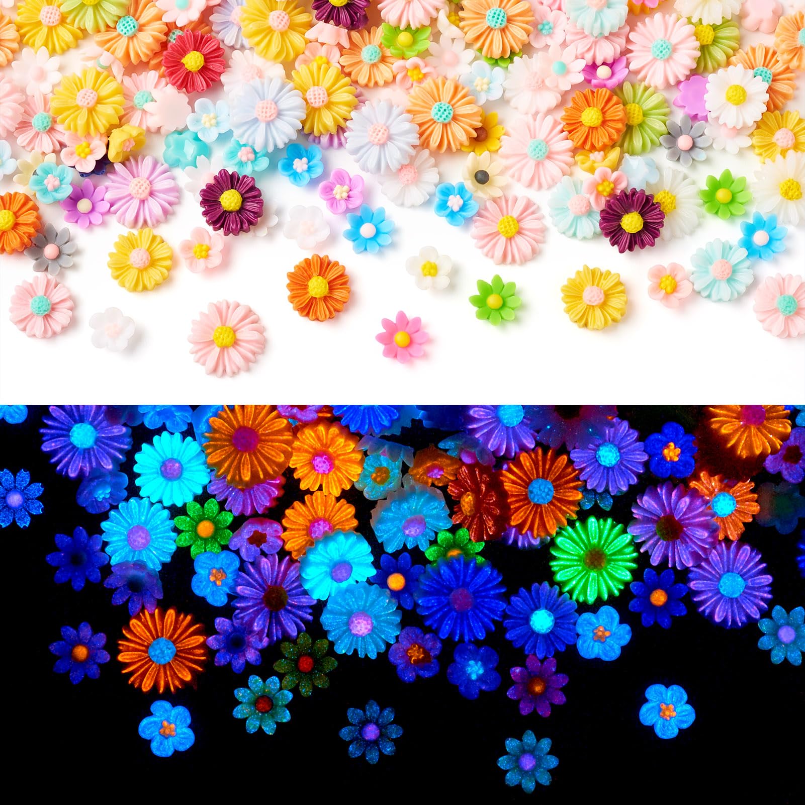 200 Pcs Mini Resin Flower Charms Glow in The Dark Flower Cabochons Resin Flower Daisy Charms Floral Flatback Embellishments for Nail Crafts DIY