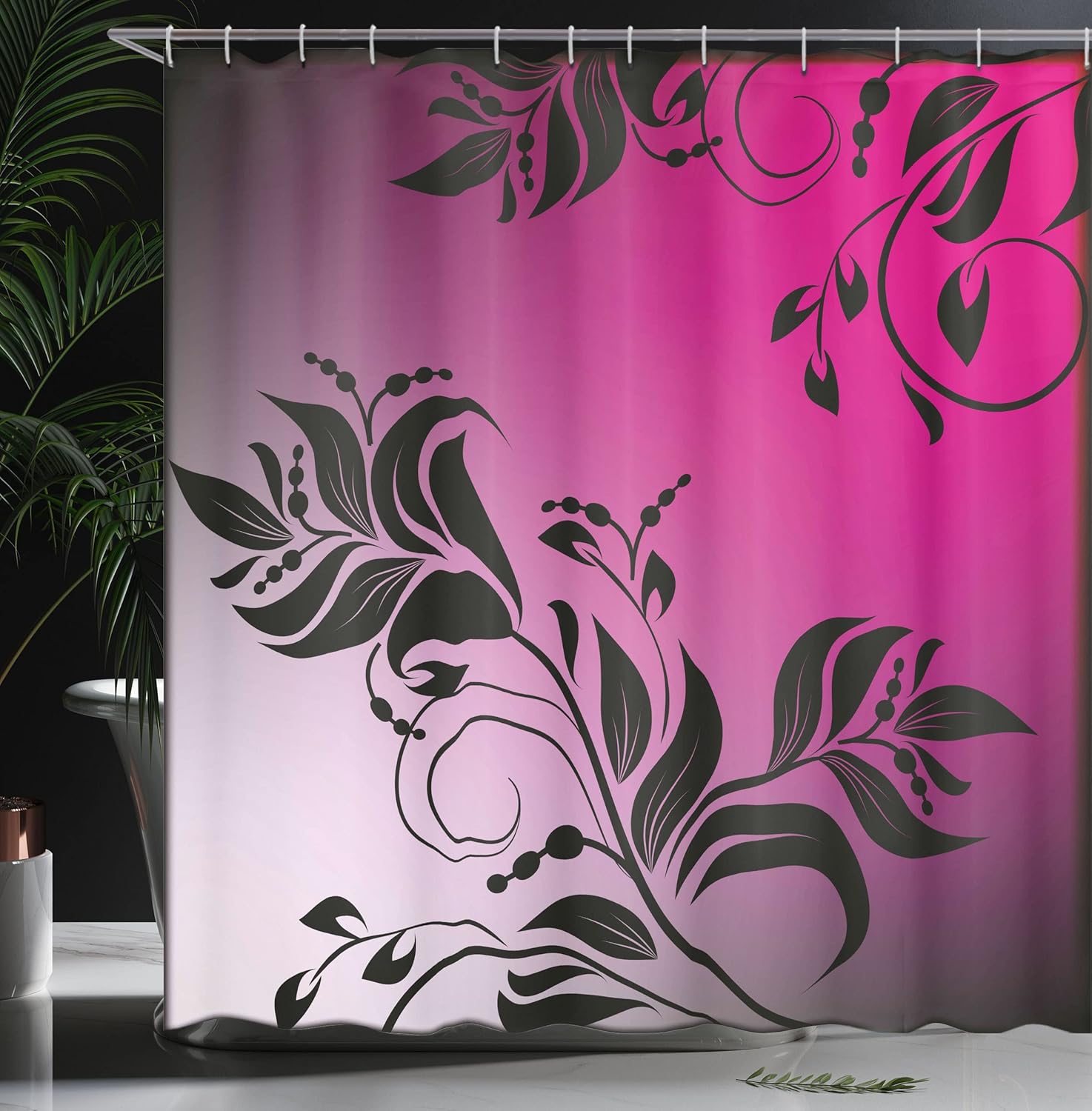Ambesonne Floral Shower Curtain, Swirled Style of a Victorian Flower Branch Gradient Backdrop in The Vintage Style Modern Print Art, Fabric Bathroom Decor Set with Hooks, 69" W x 75" L, Magenta Black