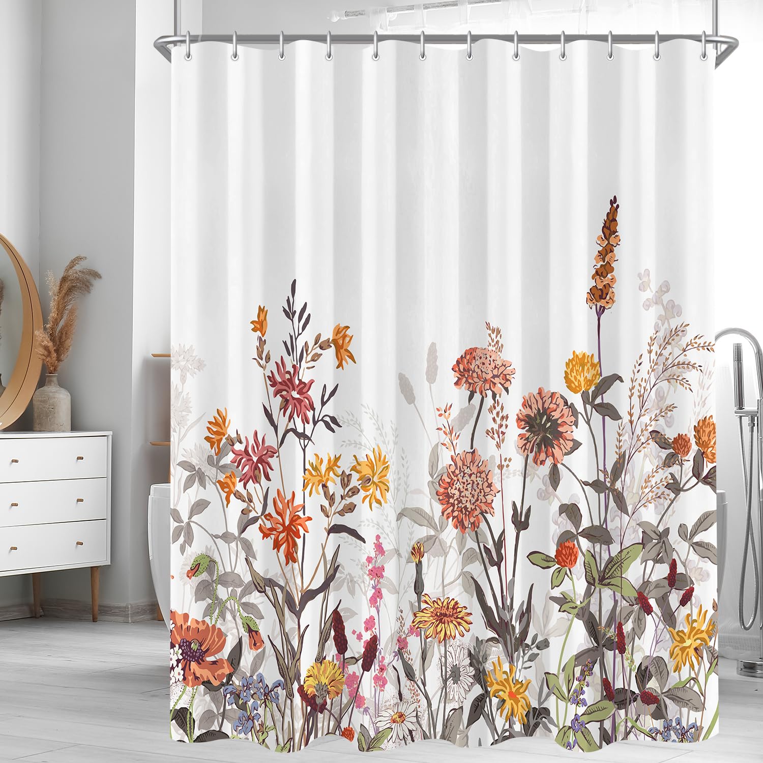 Lerores Shower Curtain, 120 x 200 cm, Mixed Flowers, Weighted Hem, Anti-Mould, Water-Repellent