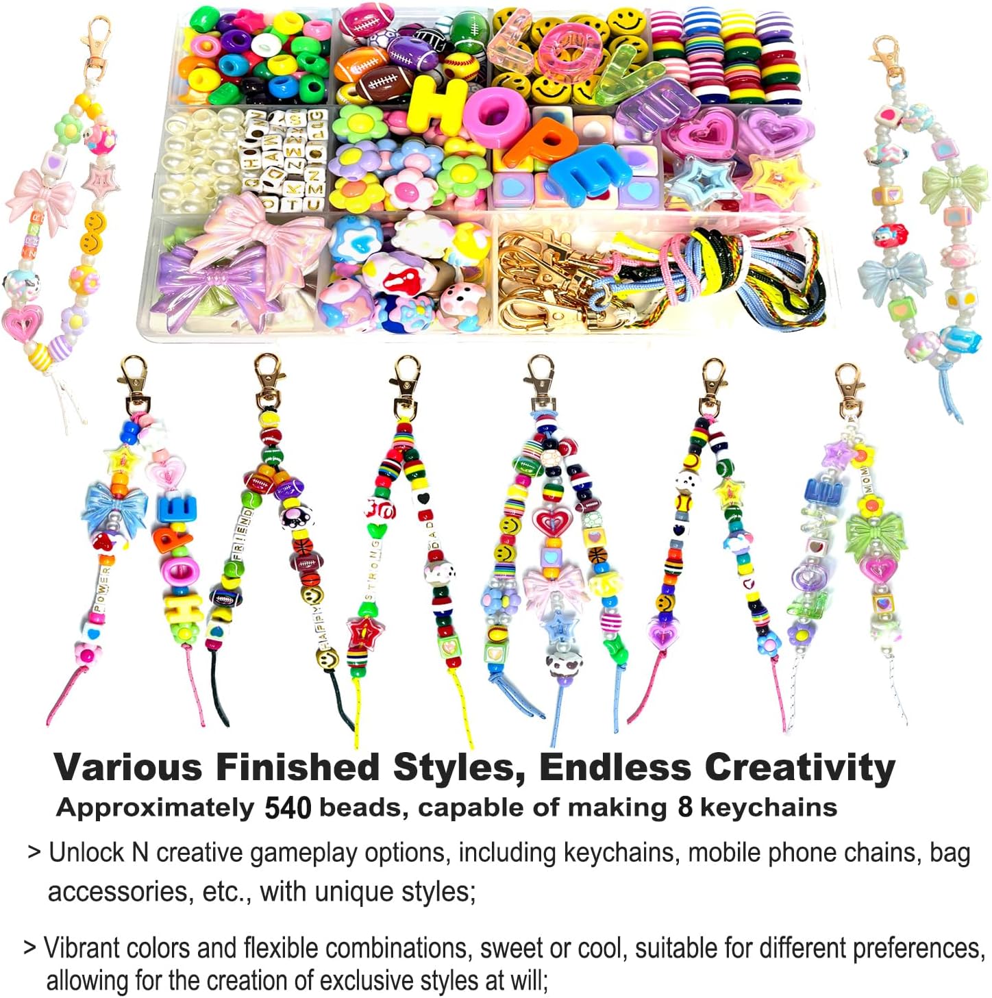 ROPIKIS Bead Keychain Making Kit - 540 PCS 8 Keychains Acrylic Beads Rugby Football/Heart Star Flower/Letter Alphabet Name for Key Chain Bag Charm Jewelry, Crafts Supplies Gift for Girl Women