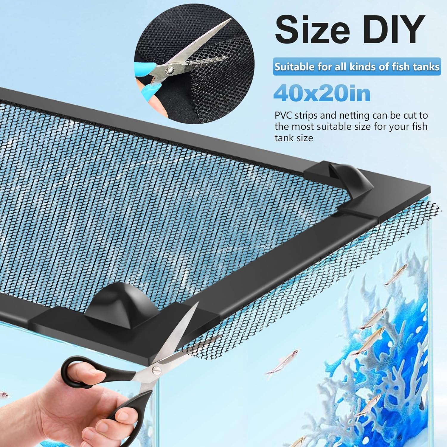 Magnetic Aquarium Cover Fish Tank Lid with Fresh Air Netting - Adjustable DIY Mesh Lid Prevents Fish Jumping and Reptile Escapes - Fits Tanks up to 37" x 18" (Aquarium Not Included)