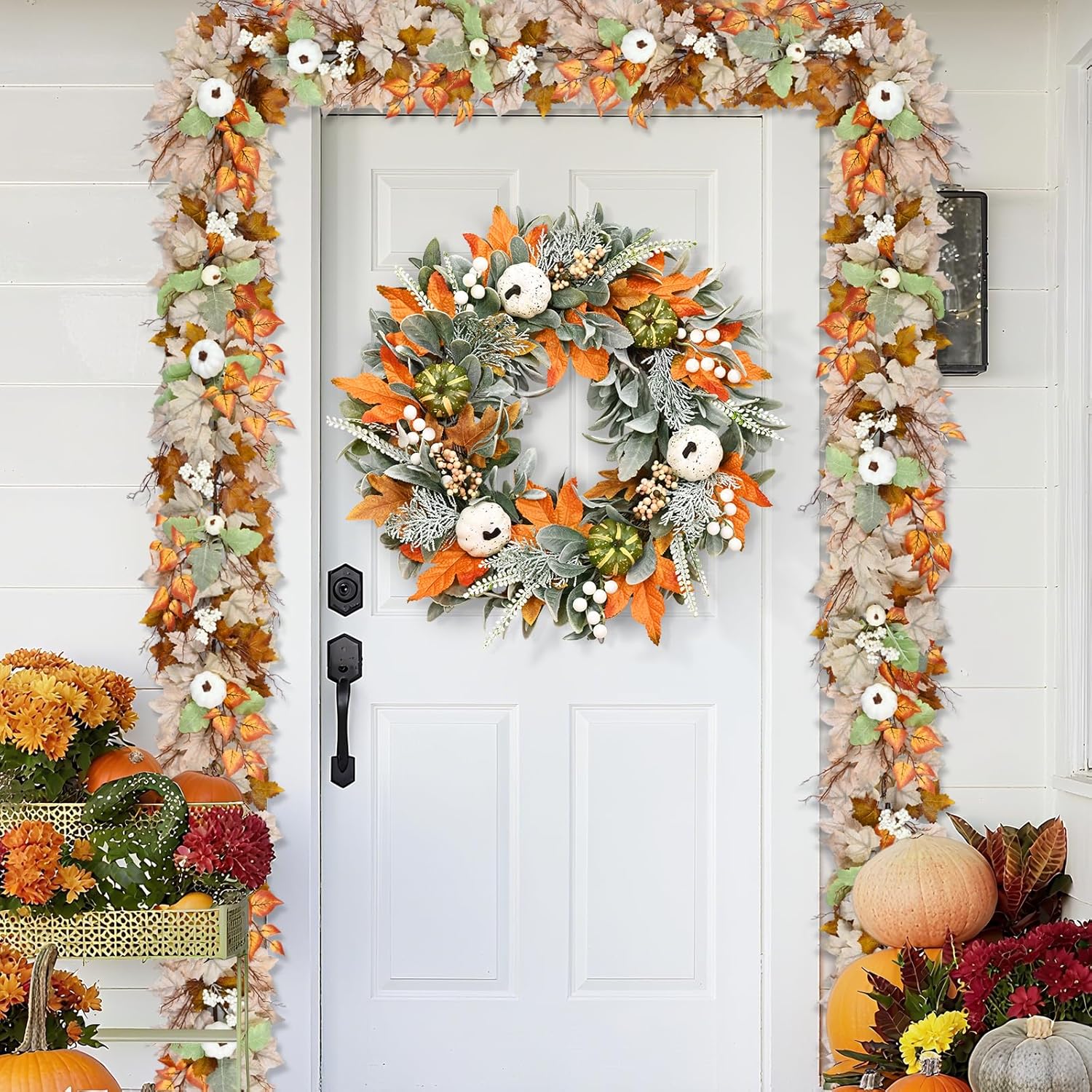Yastouay 2 Pack Fall Wreaths for Front Door, 22" Autumn Door Wreath with Lamb Ears Leaves Pumpkins Berries & Ferns Autumn Wreath for Home Porch Wall Outside Thanksgiving Decor