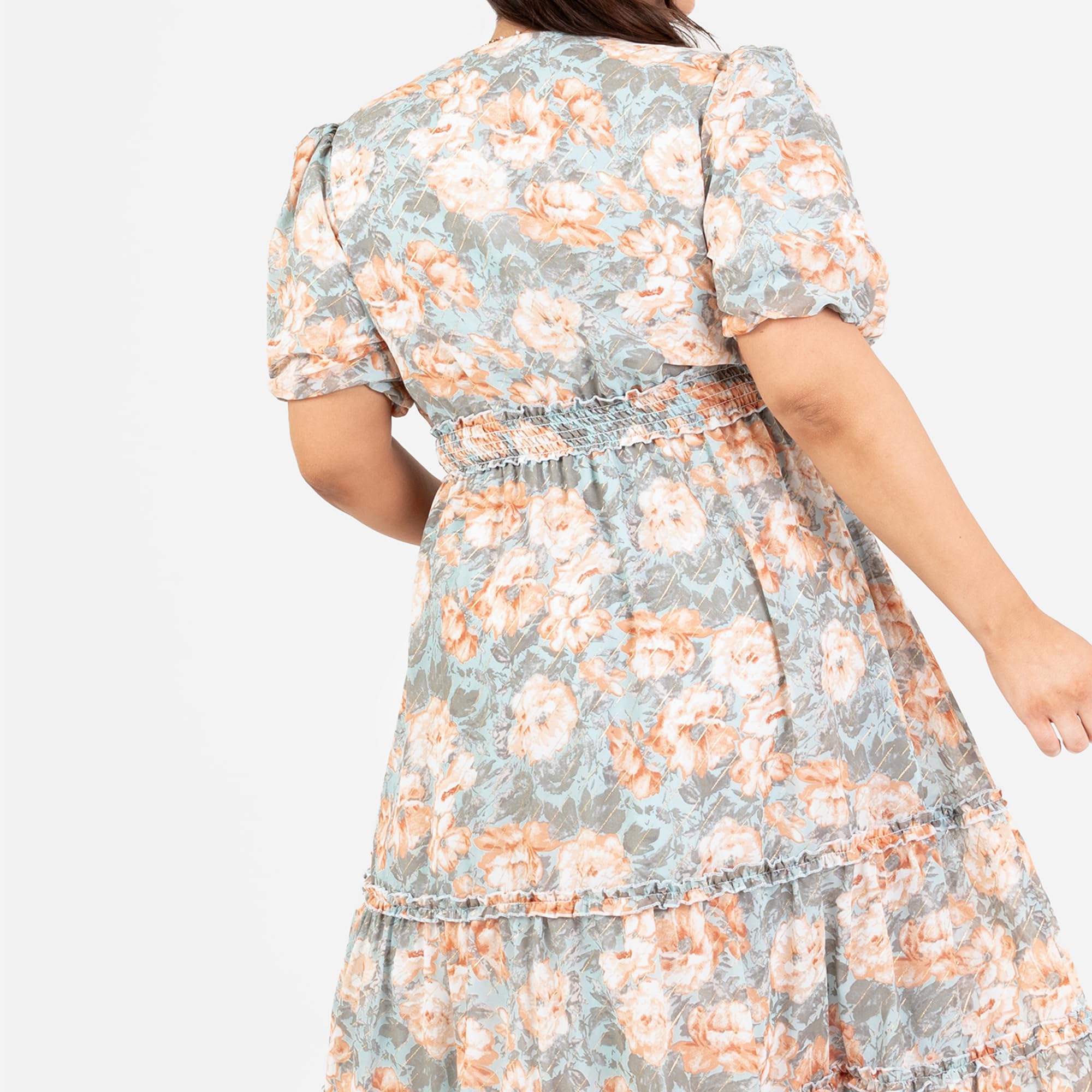Lovedrobe Damska sukienka midi, dekolt w serek, krótki rękaw z nadrukiem, wzór kwiatowy Ruffle Fit and Flare Wedding Guest Apricot 40, morela, 40