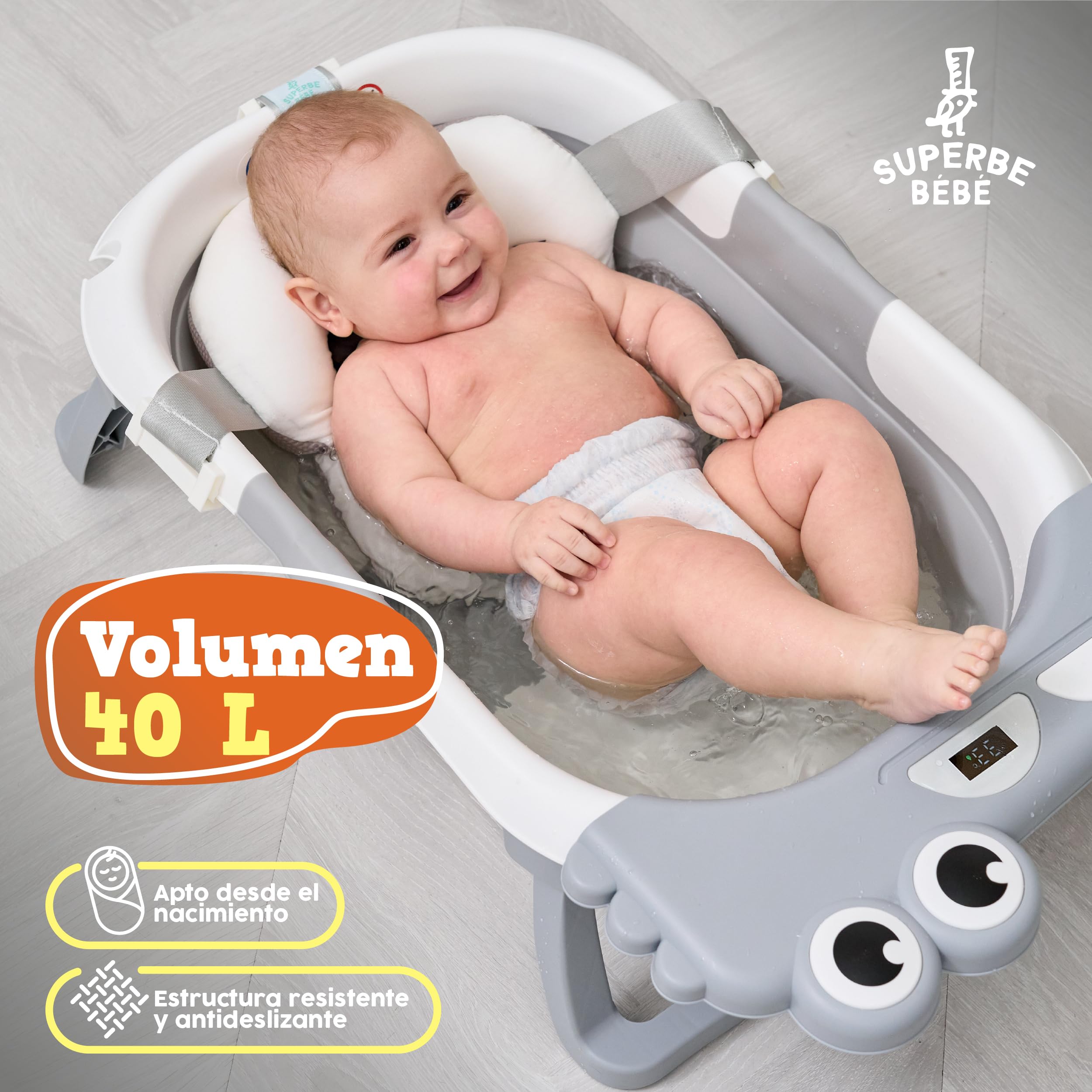 Bañera Plegable Bebé Con Cojín De Baño Antideslizante - Bañera Bebe Plegable Con Termómetro - Asiento bañera Bebe - Desde El Nacimiento Hasta Los 3 Años - Regalos De Nacimiento (GRIS, DINO) - 5
