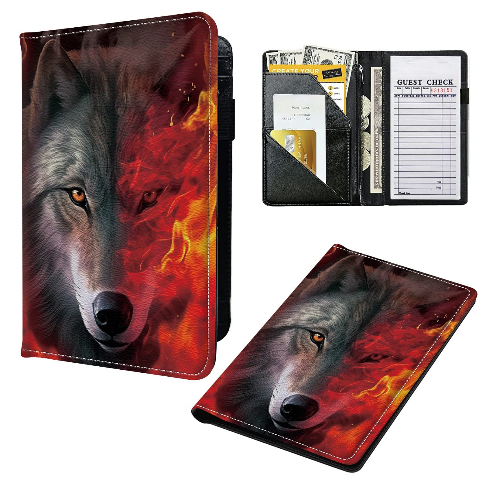 Server Books for Waitress, Leather Waiter Book Server Wallet with Zipper Pocket, 7 Storage Pockets for Recipes and Checks, Pen Holder, Personal