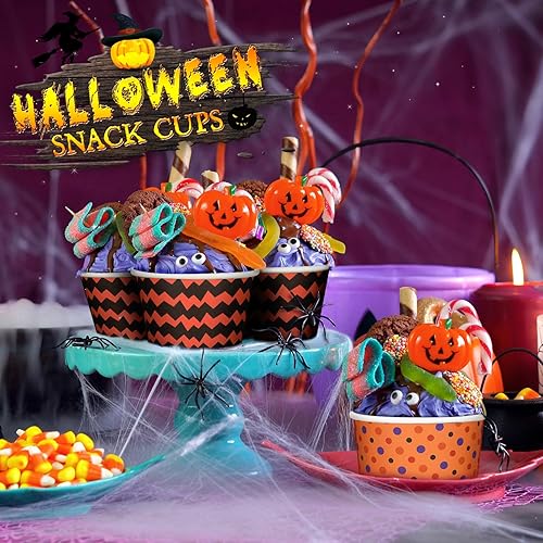 Miniatura 4 de 100 vasos desechables de calabaza de Halloween de 8 onzas, tazas de papel de esqueleto, cuencos para dulces, suministros de fiesta de Halloween para