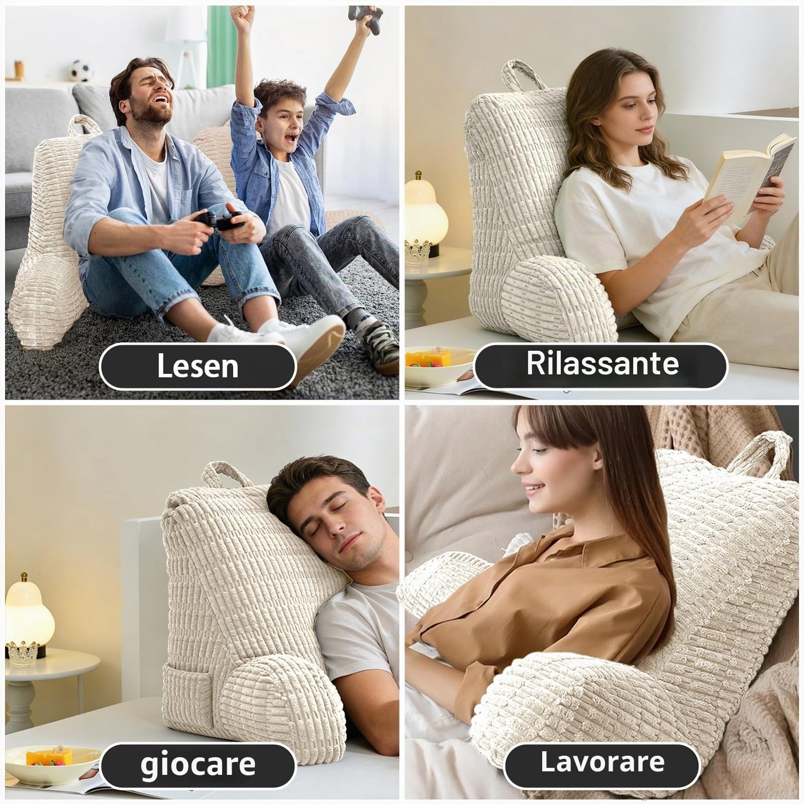 Cuscino da lettura per letto e divano, cuscino di supporto per la schiena, cuscino da lettura con braccioli, divano per adulti con cuscino per schienale, adatto per leggere, giochi, videogiochi