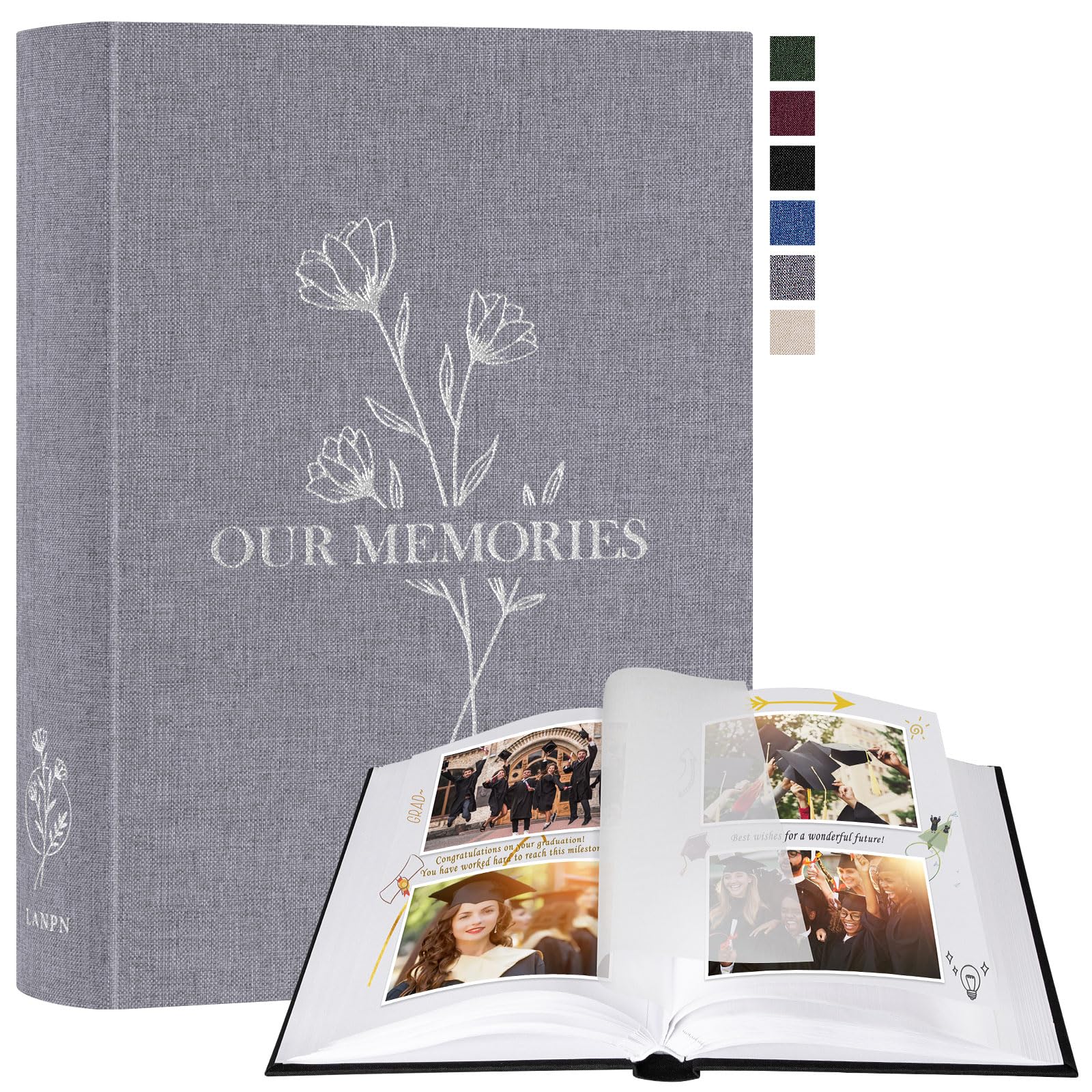 Lanpn Photo Album for DIY Gluing Small OUR MEMORIES Linen Photo Book 100 White Pages with Parchment Dividers Holds 9 x 13 10 x 15 13 x 18 cm Photos (19 x 27 cm