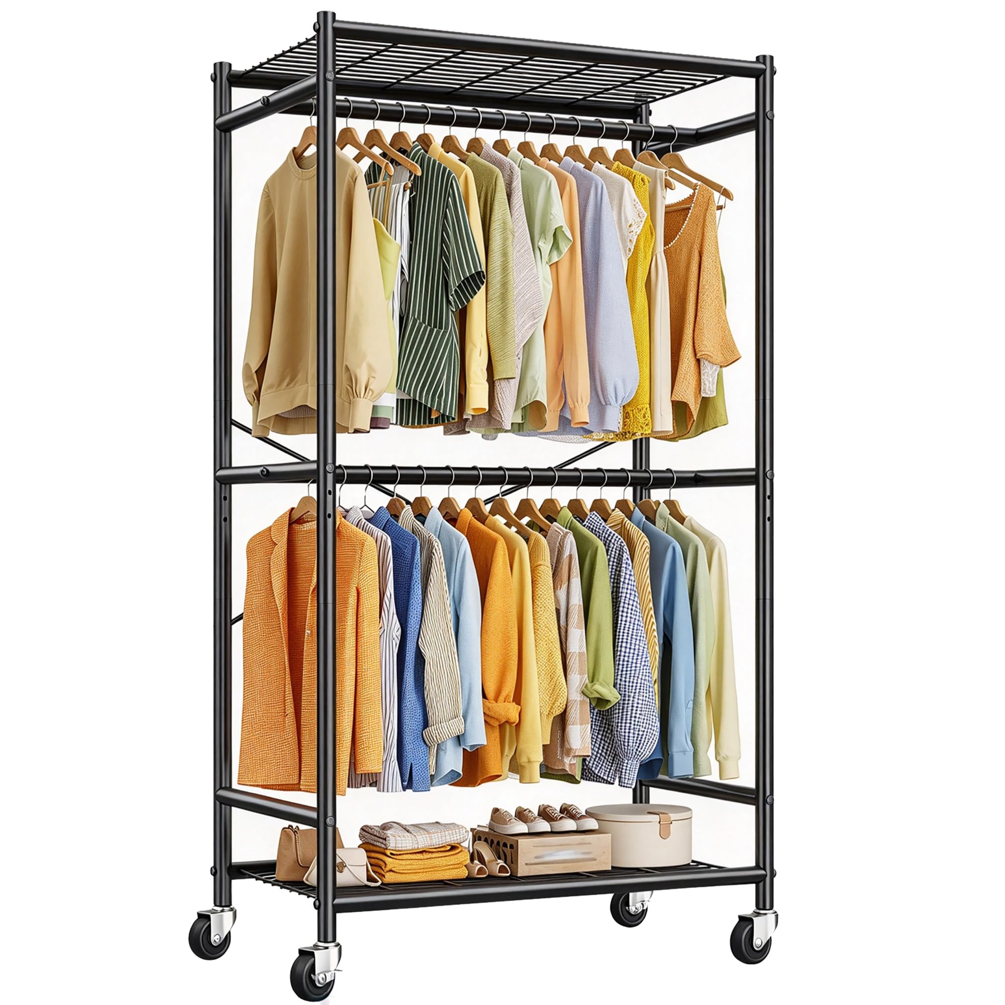 Raybee Clothes Rack, Rolling Portable Closet with Wheels, Double Rod 308LBS