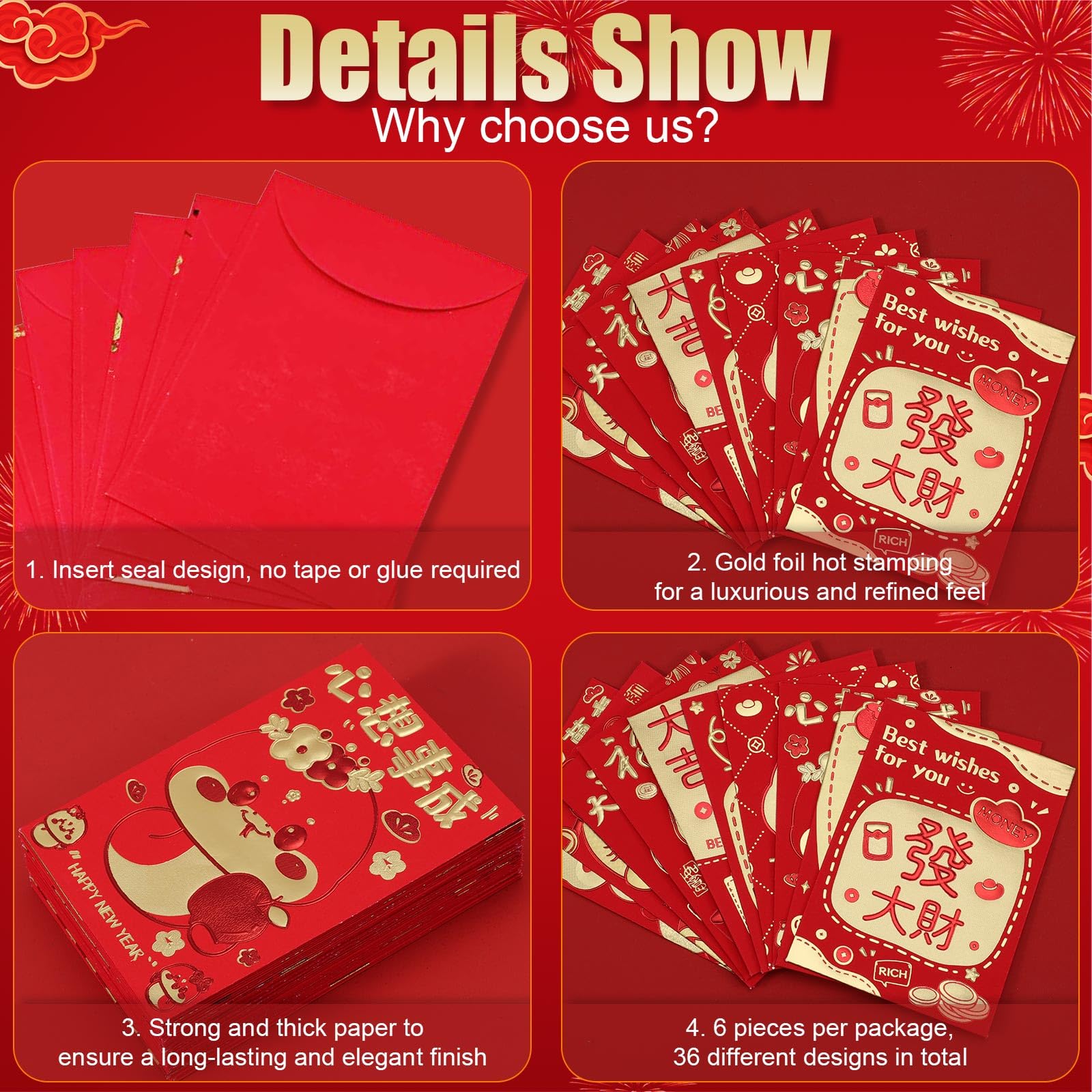 36pcs Red Envelopes Chinese New Year, 2025 Snake Lucky Money Red Packets Hong Bao Lai See Envelopes for Lunar Spring Festival - Image 4