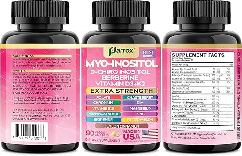 Miniatura 8 de Suplemento de mio-inositol, berberina, D-quiro inositol, folato, cromo, vitamina D3, K2 y B12, DIM, Chasteberry, Ashwagandha, canela de Ceilán,