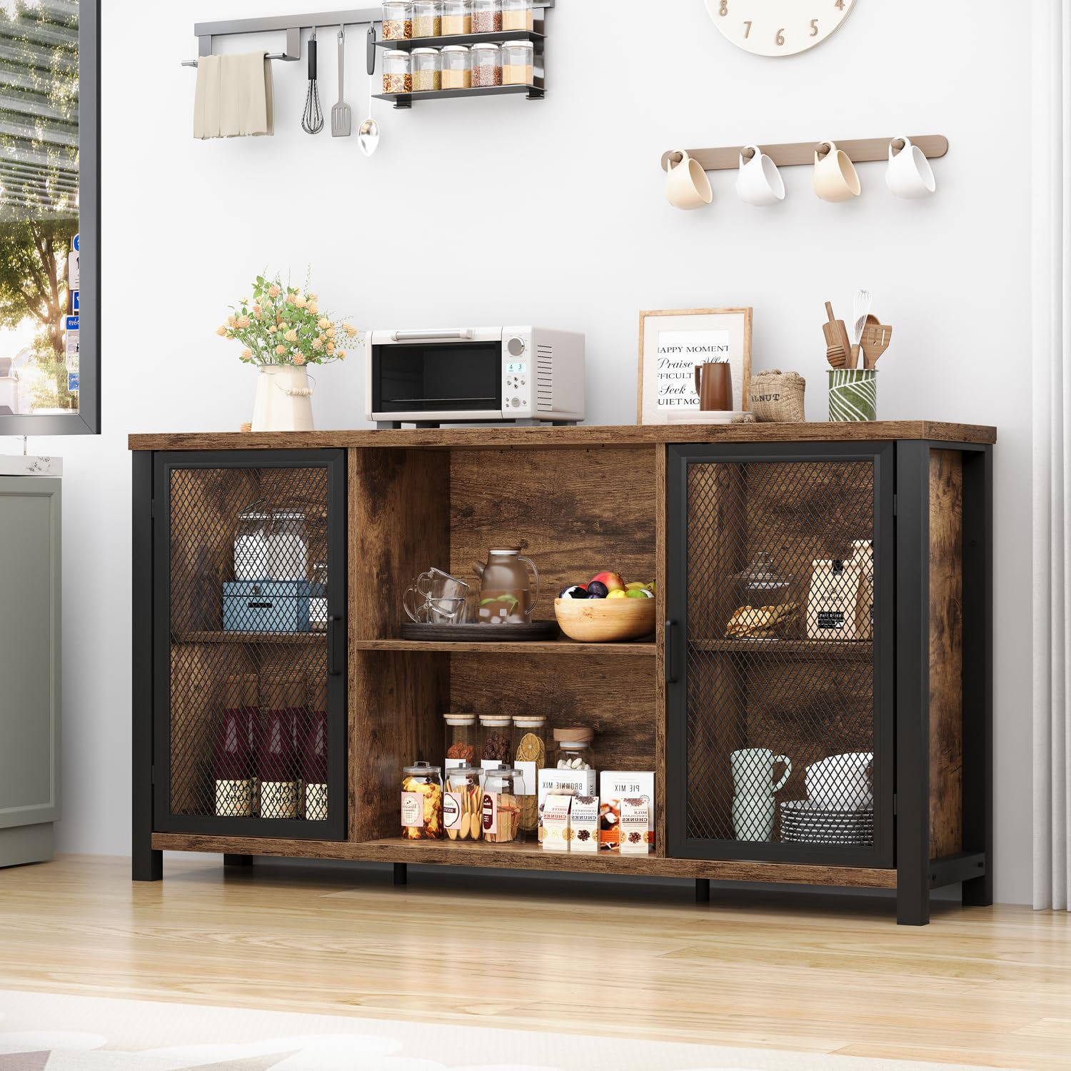 IBF Weinschrank Barschrank mit Weinregal und Glashalter Industrial Küchenschrank Kaffeebarschrank Sideboard Weinbarschrank für Küche Esszimmer Wohnzimmer Eingangsbereich,140 cm Rustikales Braun