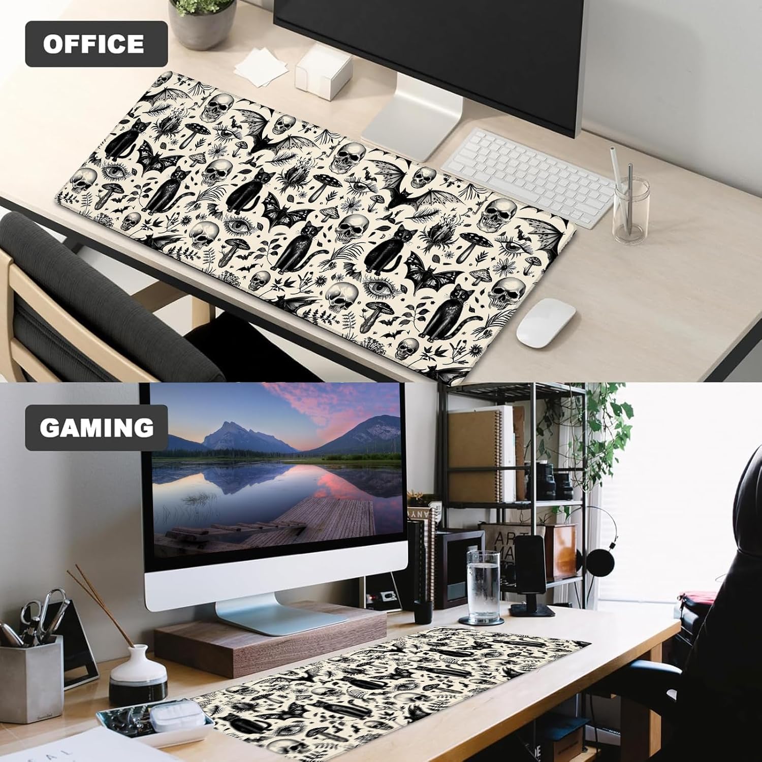 Gothic Cat and Skull Gaming Mouse Pad – 12x31.5in Non-Slip Rubber Desk Mat with Vintage Occult Design – Large Extended Mousepad for Office, Home – Deskmat Gifts for Goth and Dark Art Decor - Image 3