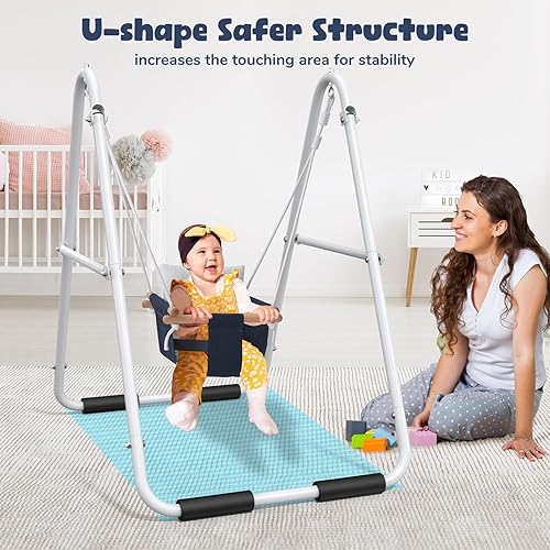 Miniatura 2 de Hapfan Columpio para niños pequeños con soporte, columpio resistente para interiores y exteriores con arnés de seguridad, marco de metal plegable,