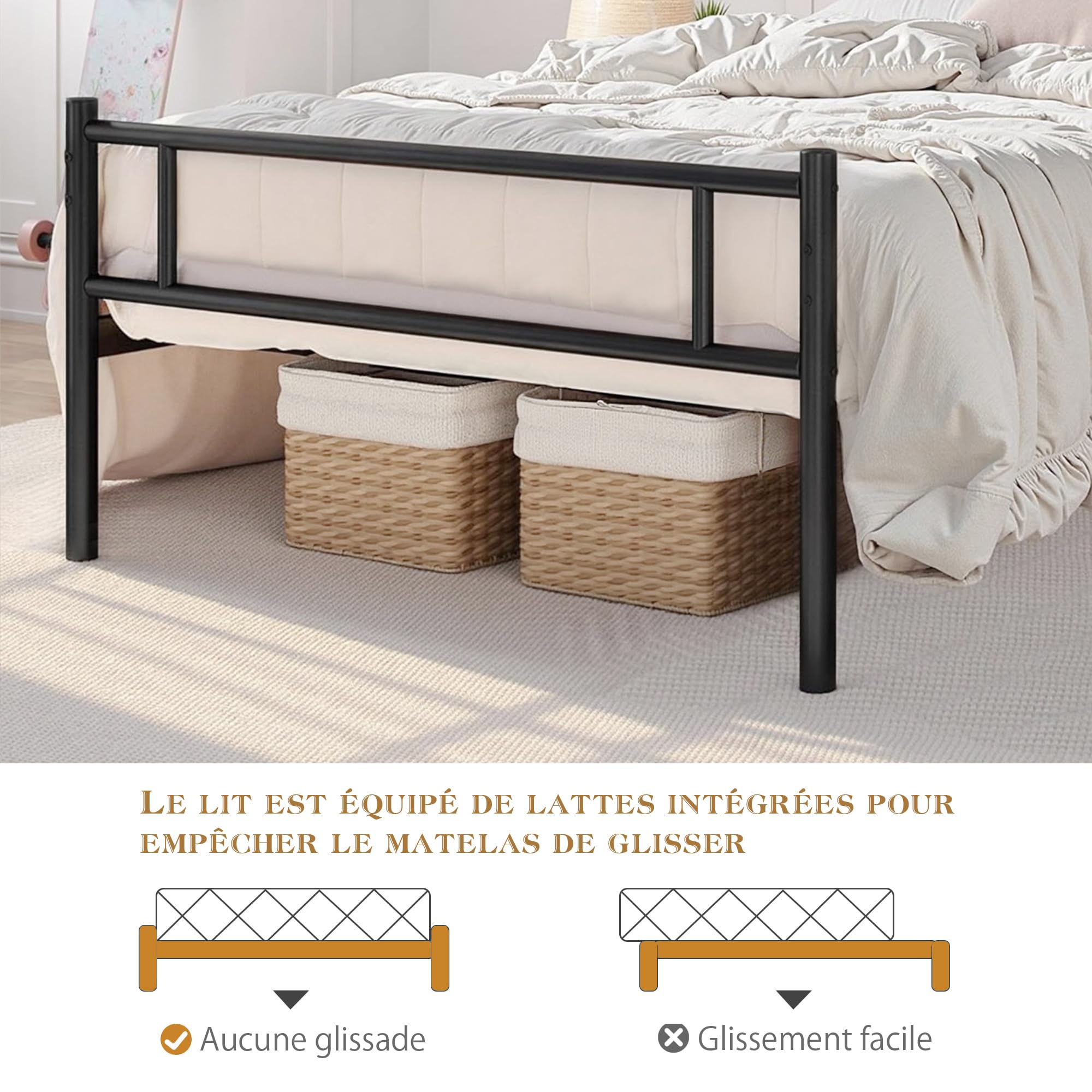 VECELO Cadre de Lit en Métal 90x190 cm avec Tête de Lit Décorative Incurvée, Sommier à Lattes Renforcées, Espace de Rangement de 32 cm, Assemblage Facile, Noir