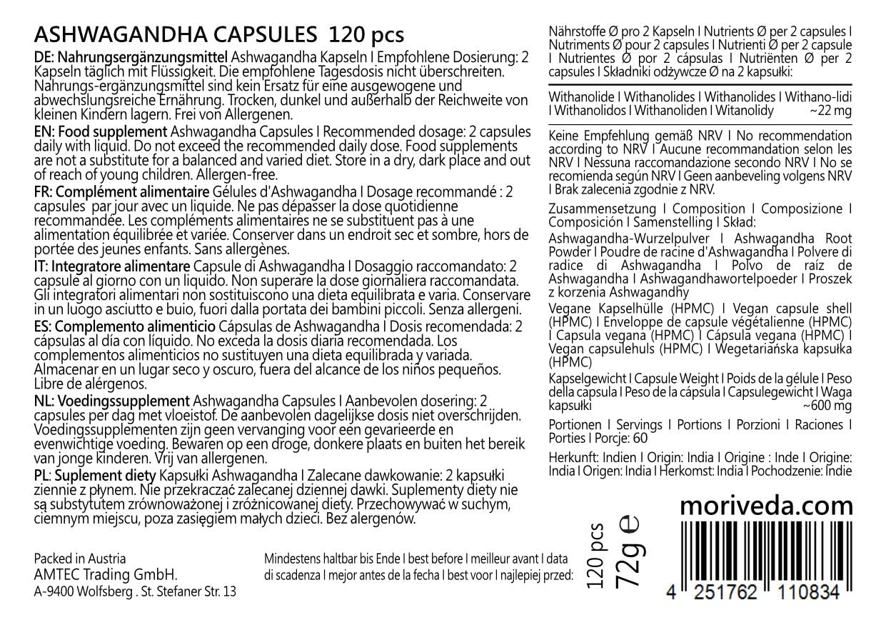 Ashwagandha capsule 1200mg - 100% polvere di radice - 60 giorni di fornitura - l'equilibrio, la qualità della vita e la pace interiore - dall'India - vegan e senza glutine - da MoriVeda - 120 pezzi