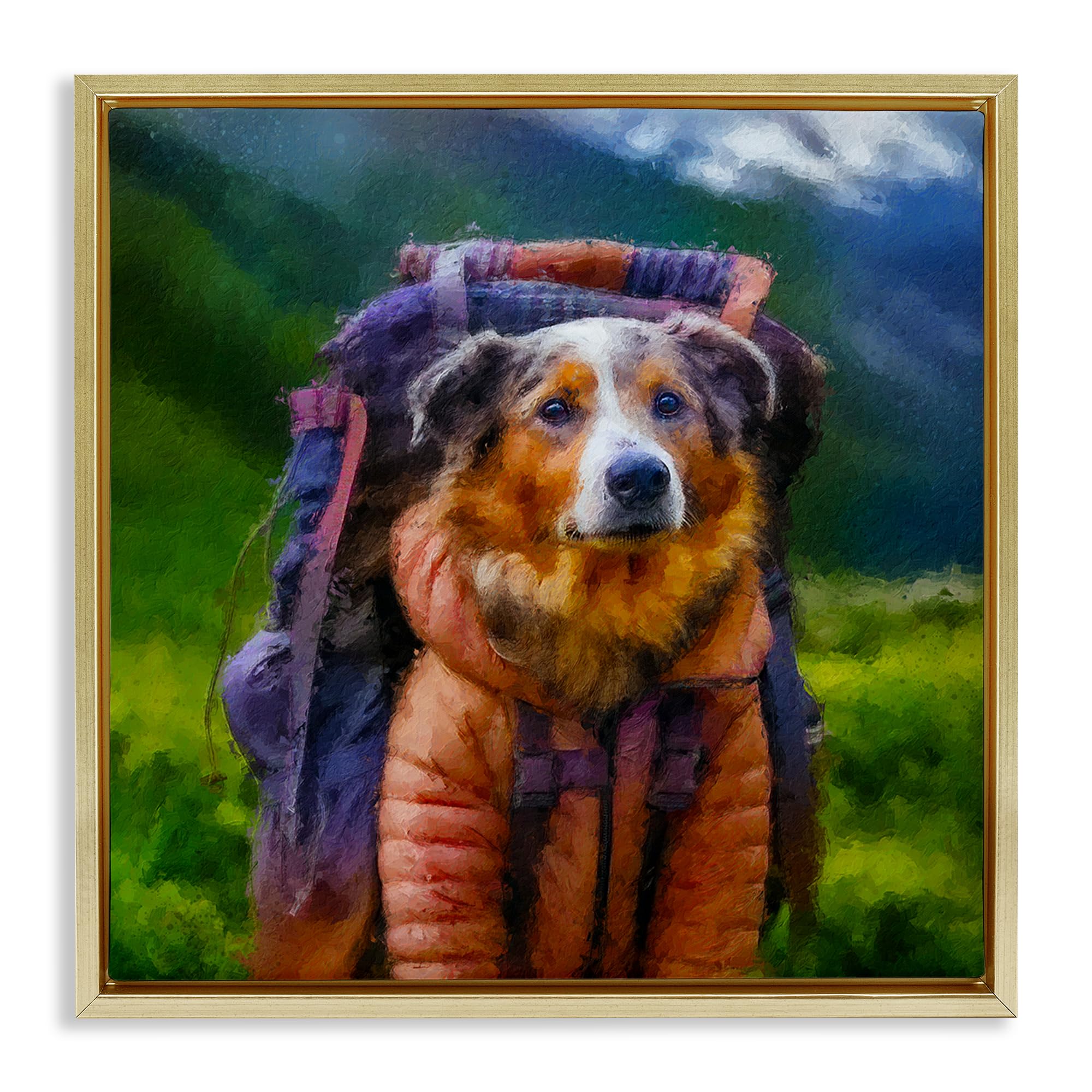 Stupell Industries 'Backpacking Hiker Dog', Floating Frame Canvas Art, Gold, 25 x 25 Inches, Easy to Hang and Sturdy, Made in USA, by Sean Parnell