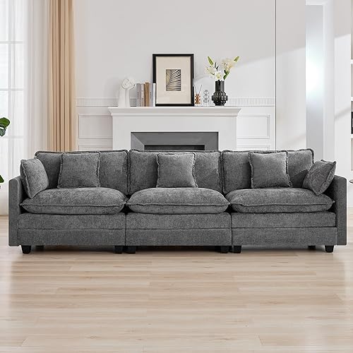 Miniatura 57 de Sofá seccional de 111'' con asiento profundo tipo nube, sofá seccional moderno y cómodo de chenilla en forma de L para juego de sala de estar, sofá