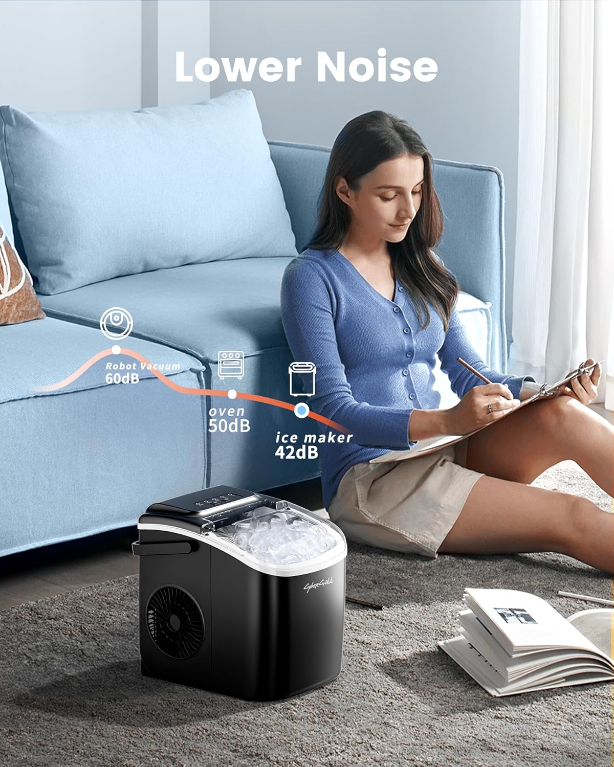 CyberChill Countertop Ice Maker, Portable Ice Machine with Handle, 6 Mins Fast Ice, 26 lbs/Day, Self-Cleaning with Ice Basket & Scoop, for Home, Kitchen, RV, Camping - Image 5