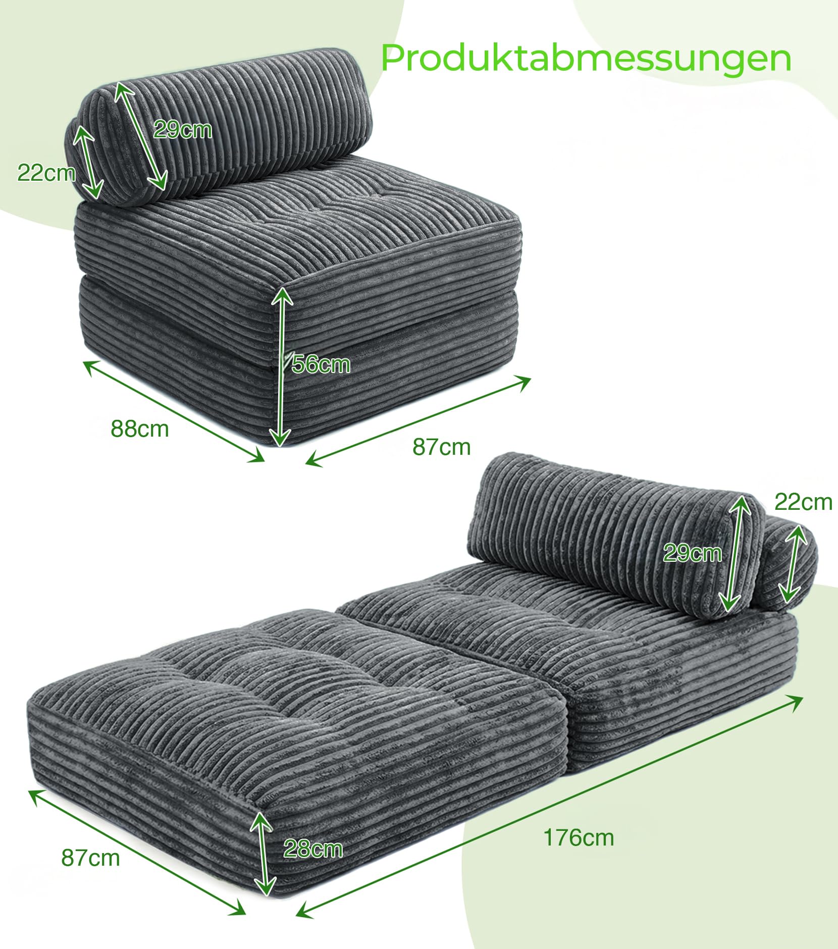 Welzona Faltbarer Schlafsessel mit Bettfunktion, Kordsamt Sofa Bed, Grau | 3-in-1 Wandelbarer Schlafsessel Klappbar, Wolkenweiches Kordsamt, Einfache Montage, Hochelastischer Schaum, Bodensofa