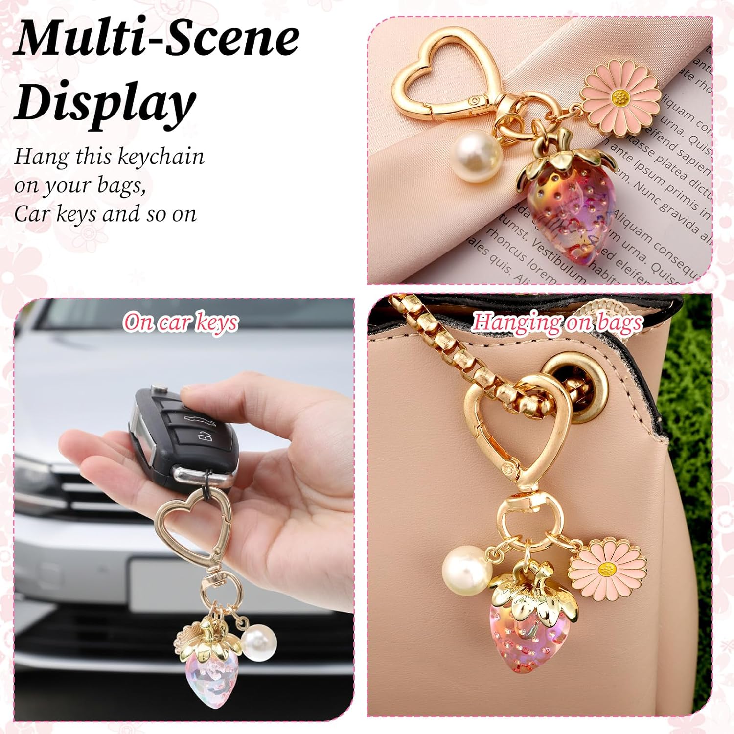 Strawberry Bag Charms,Kawaii Keychains with Pearl,Daisy Fruit Key Chain Charms for Handbags and Purse Bags Accessories - Image 3