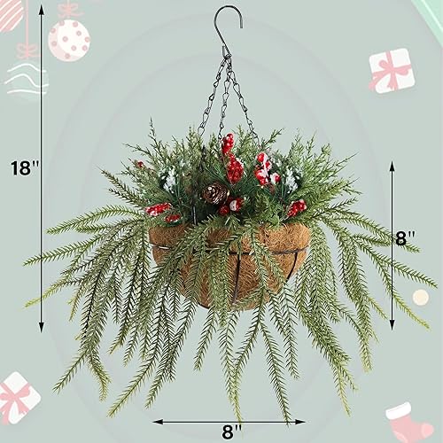 Miniatura 3 de DR.DUDU Canastas colgantes de decoración de Navidad, cesta artificial de 18 pulgadas con temporizador de luces para porche al aire libre con conos