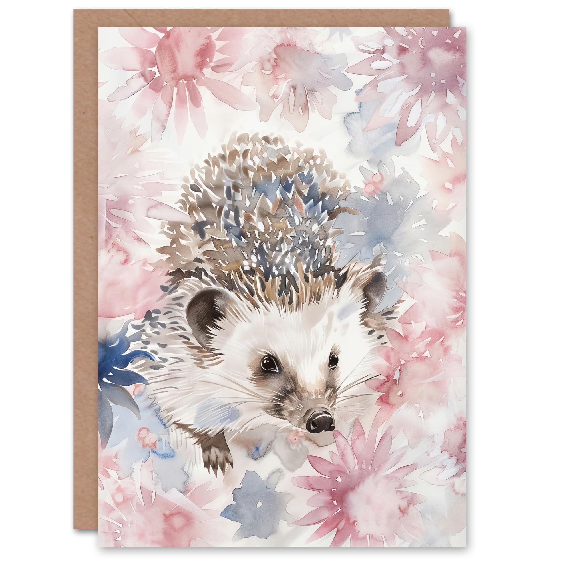 Artery8 Greeting Card Watercolour Hedgehog and Flowers Pink Pastel Blank For All Him Or Her Art Birthday Card