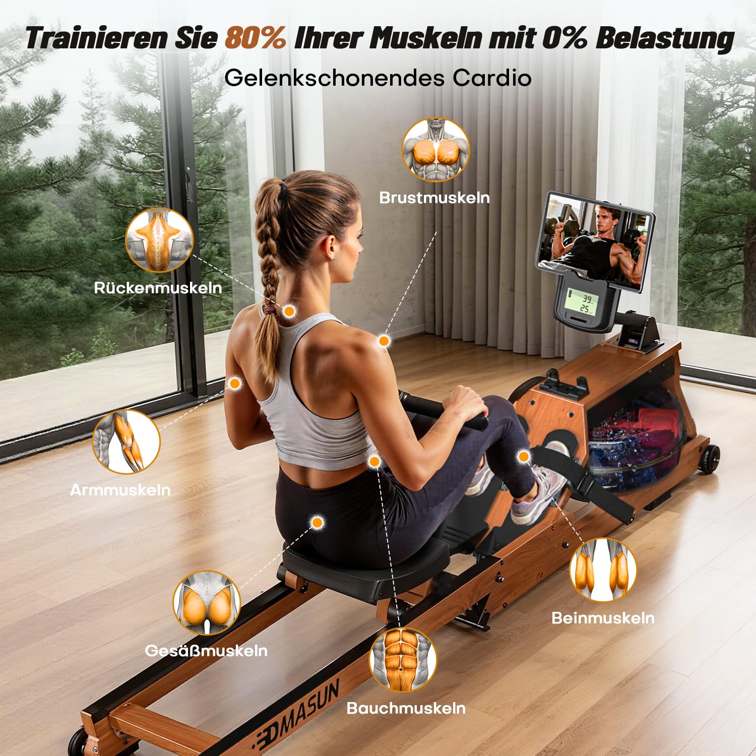 Rudergerät für Zuhause, DMASUN Magnetisches Rudergerät mit Upgrade Doppel-Slide-Rails, APP-Verbindung, 16 Widerstandsstufen, LCD-Datenanzeige, ideal für Cardio-Training