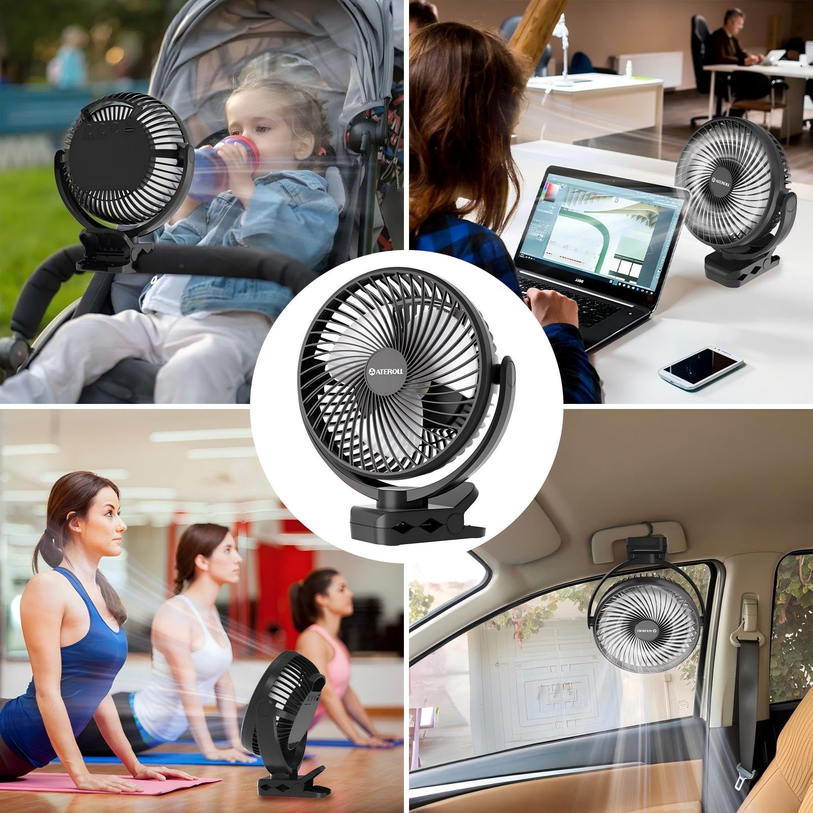 Ateroll 10000mAh Clip Ventilator mit Fernbedienung, 20CM 3 Geschwindigkeiten USB Akku Timer LED 360° drehbar Tischventilator