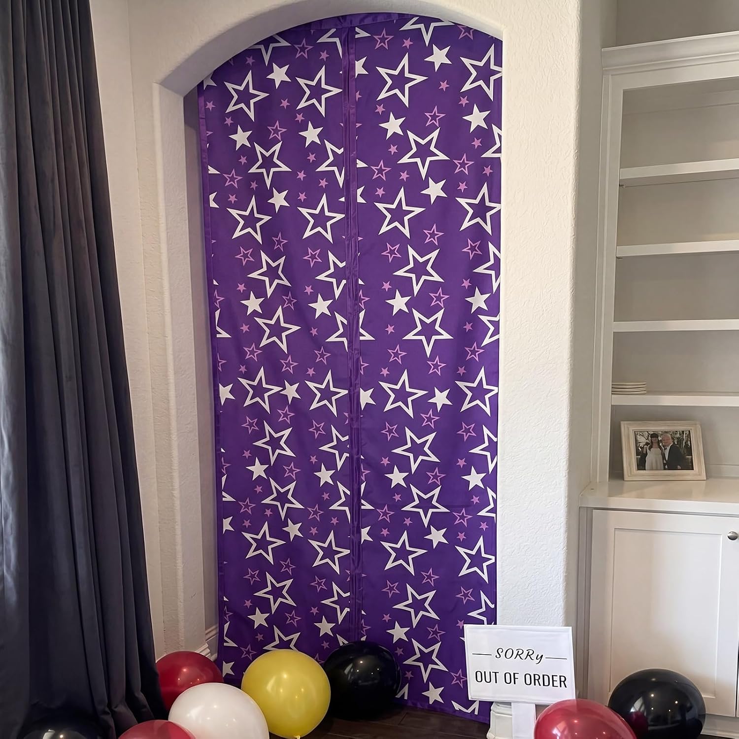 Irenare 5 Night Party Decoration Purple Star Door Curtain Backdrop 27.5x78.7 Inch Split Design Game Doorway Cover with Hook & Loop, Galaxy Star Birthday Party Decor Photo Booth Background for Kid Teen