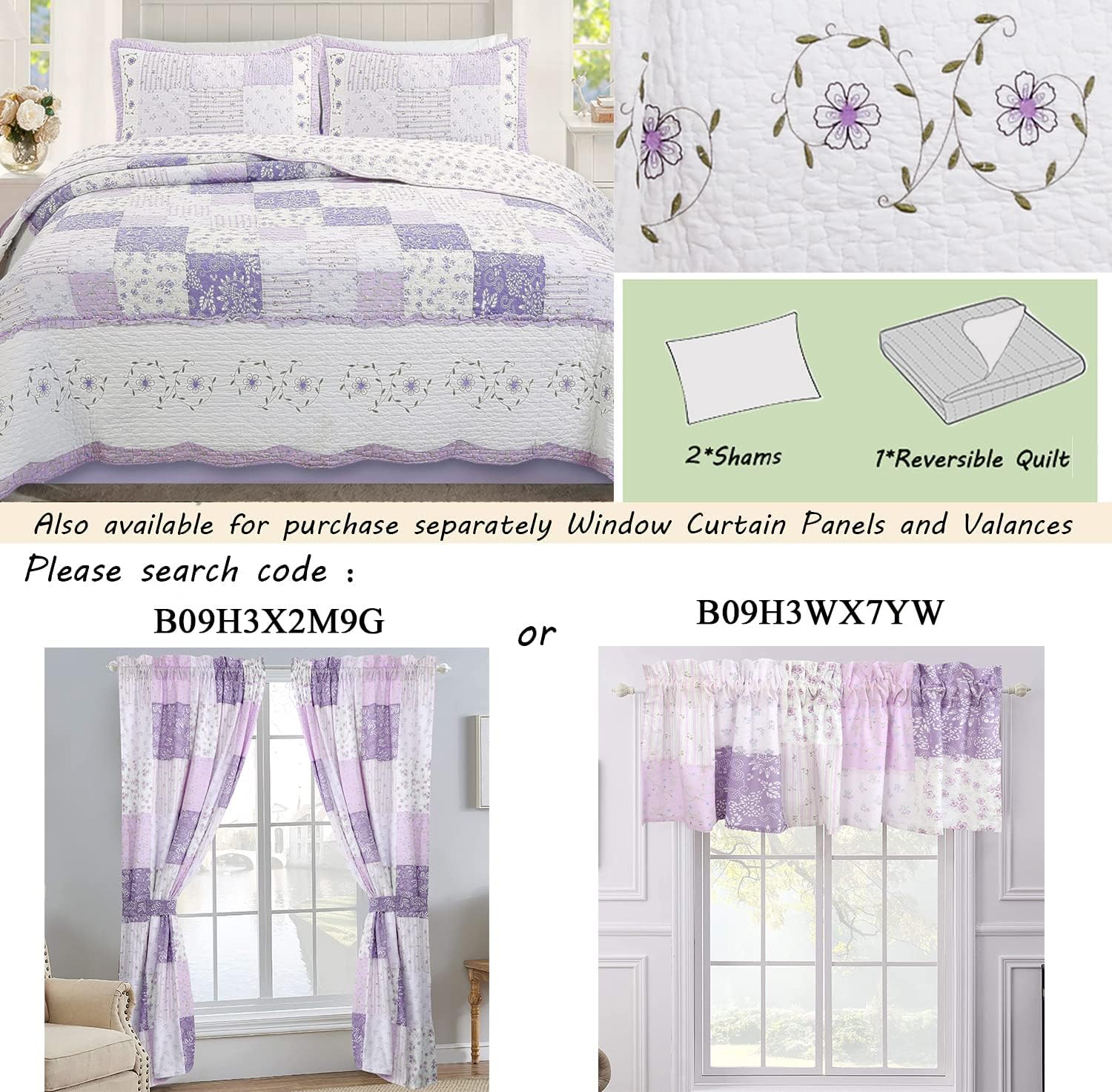 Cozy Line Home Fashions 100% Cotton Hand Piecing Real Patchwork Love of Lilac Bedding Quilt Set, Purple Orchid Lavender Chic Lace Floral Reversible Coverlet, Bedspread (Lilac, Queen - 3 Piece)